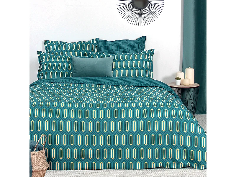 Parure de lit 200x200 cm percale de coton PAST Bleu Canard