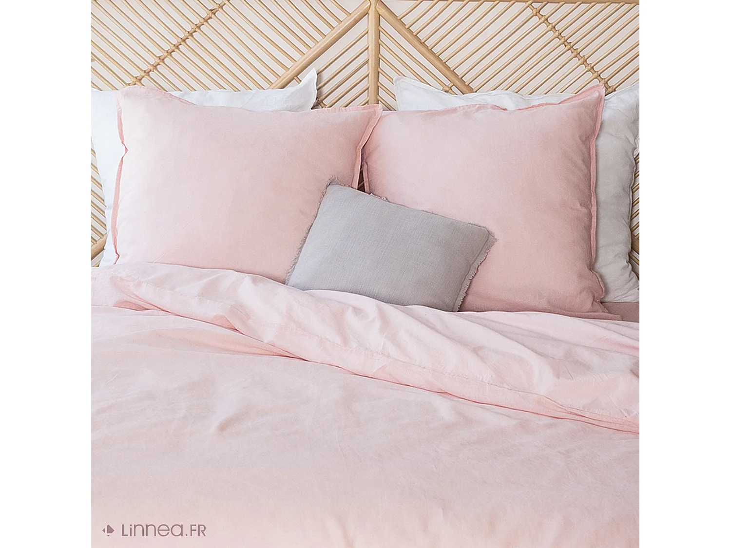 Parure de lit 260x240 cm coton lin lavé LINO rose nude 3 pièces