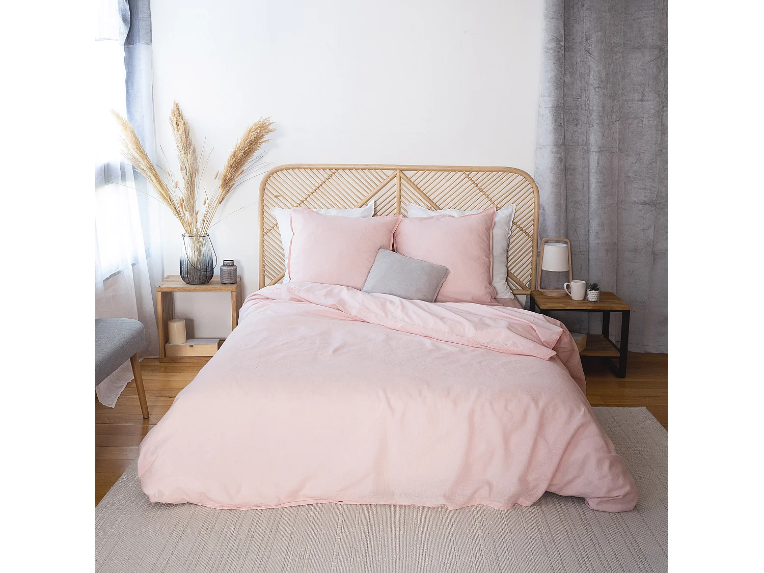 Parure de lit 260x240 cm coton lin lavé LINO rose nude 3 pièces