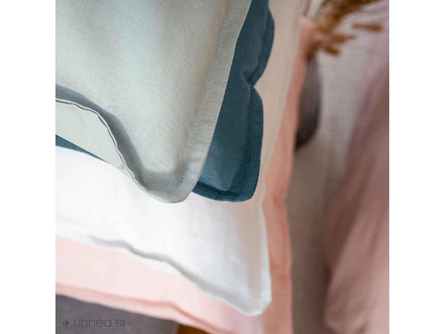 Parure de lit 260x240 cm coton lin lavé LINO rose nude 3 pièces