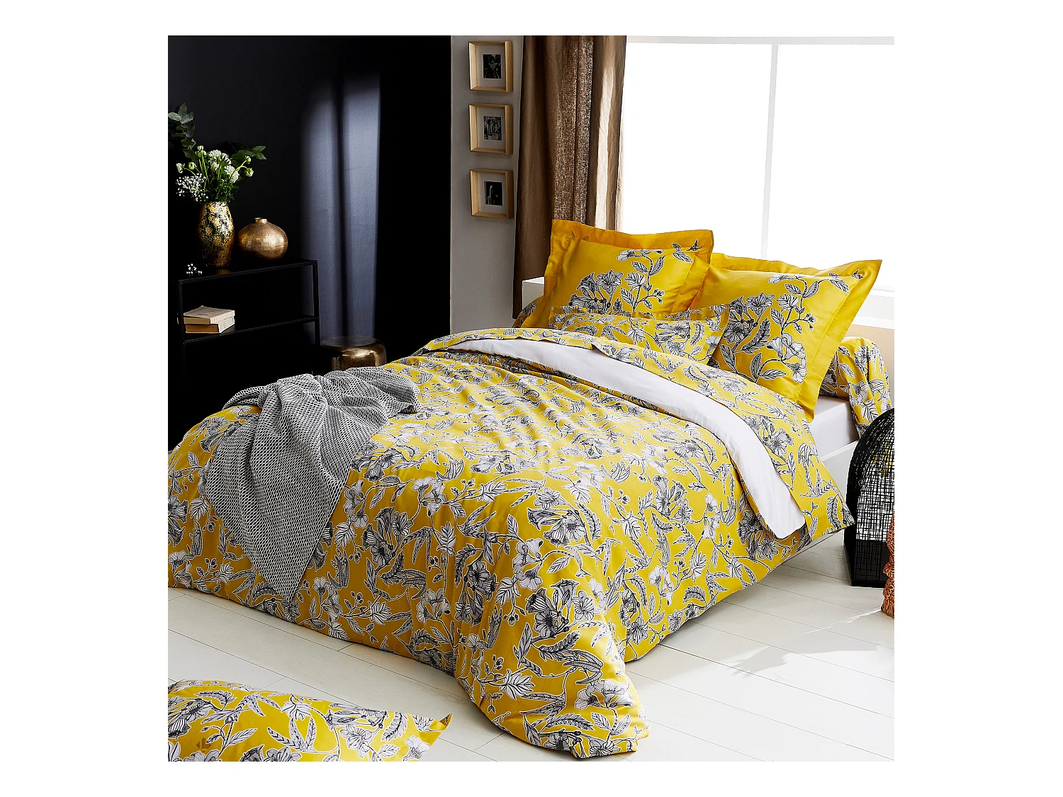 Parure de lit 140x200 cm satin de coton BOTANIC jaune soleil