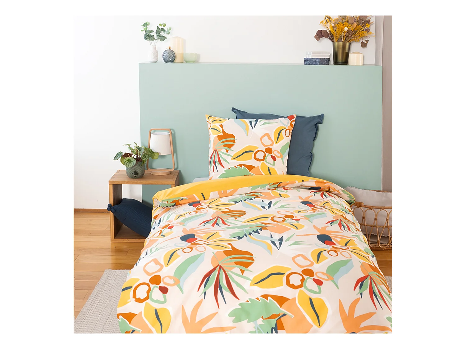 Parure de lit 140x200 cm coton BCI adouci LUCIA Jaune Cobalt 2 pièces