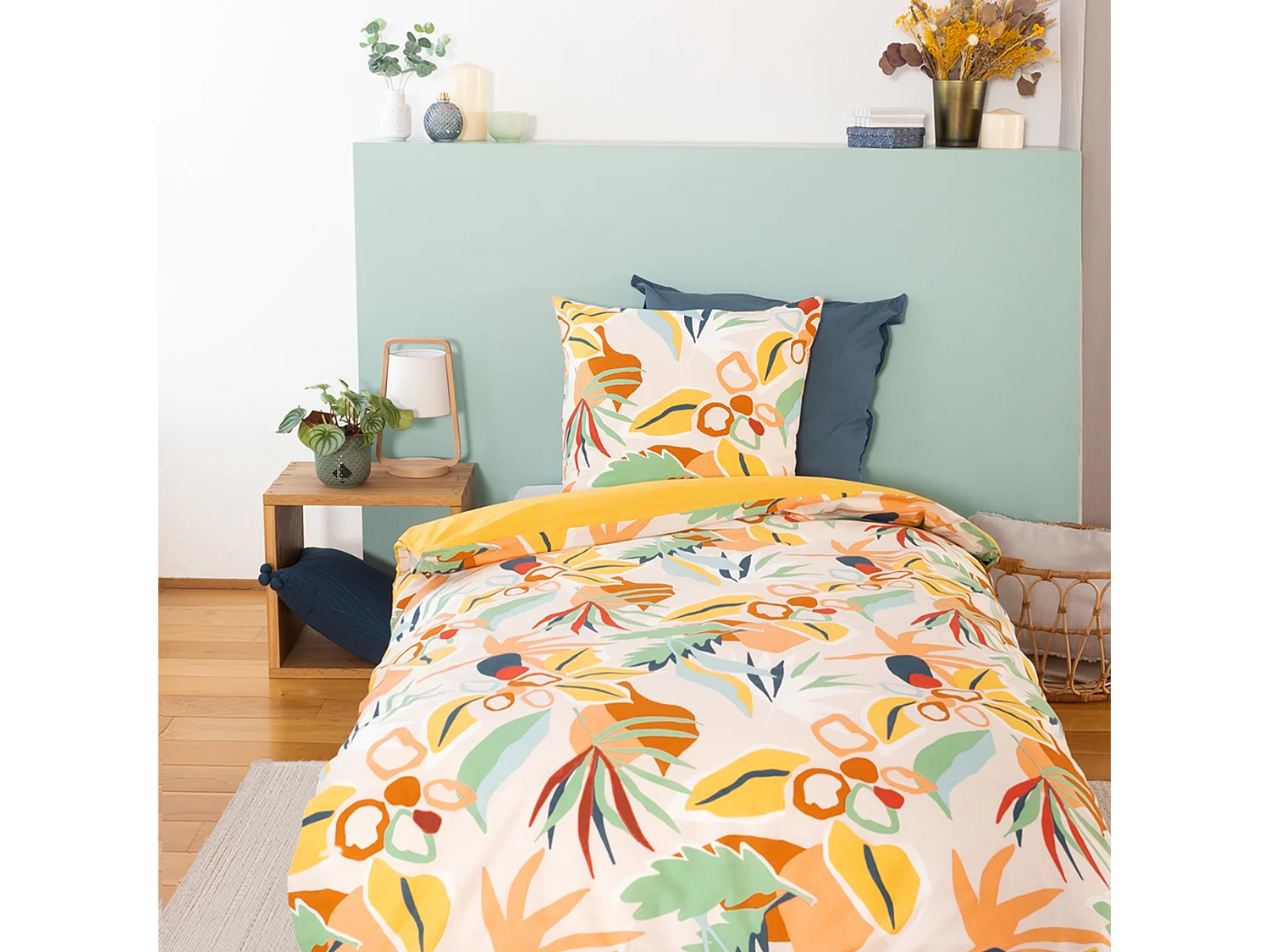 Parure de lit 140x200 cm coton BCI adouci LUCIA Jaune Cobalt 2 pièces