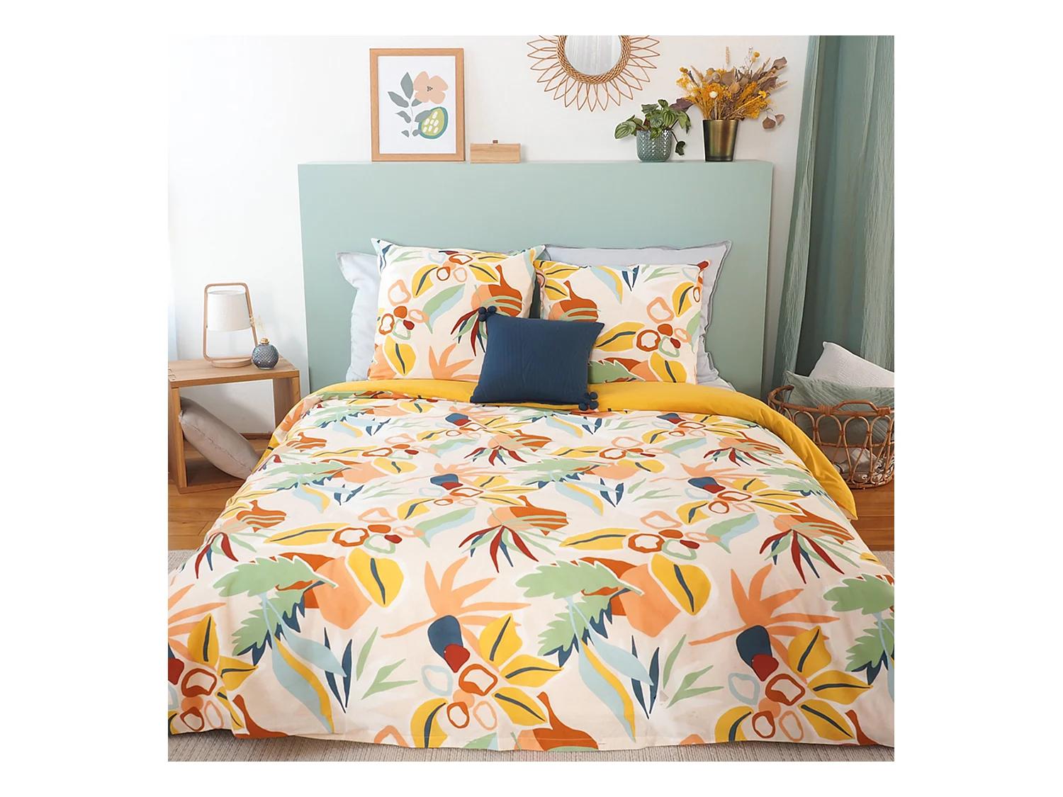 Parure de lit 260x240 cm coton BCI adouci LUCIA Jaune Cobalt 3 pièces