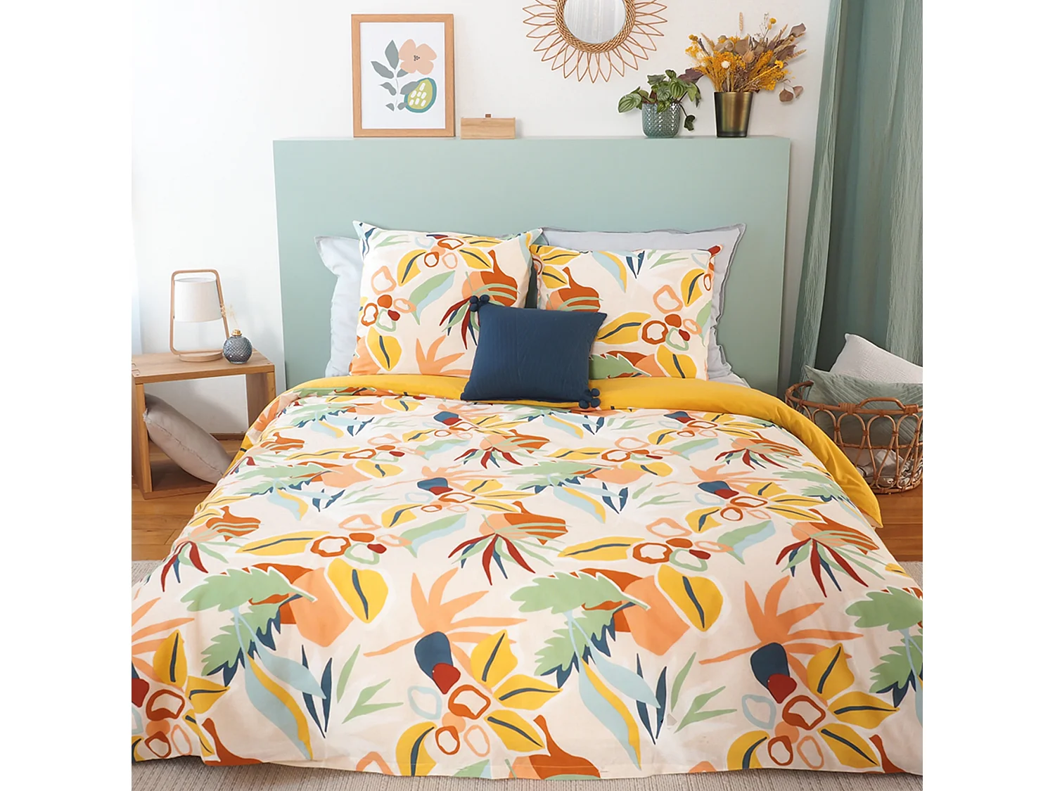 Parure de lit 260x240 cm coton BCI adouci LUCIA Jaune Cobalt 3 pièces