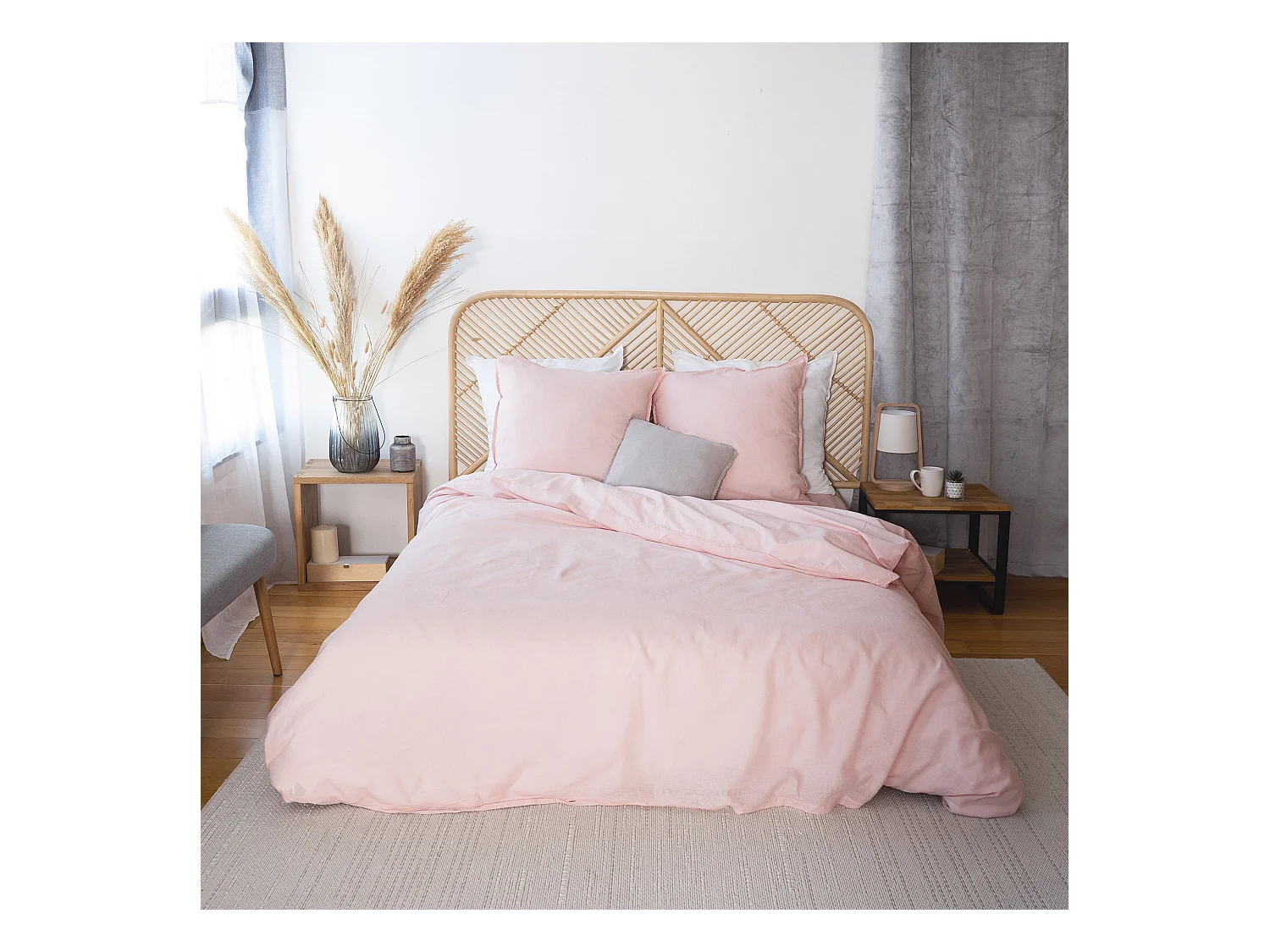 Parure de lit 240x220 cm coton lin lavé LINO rose nude 3 pièces