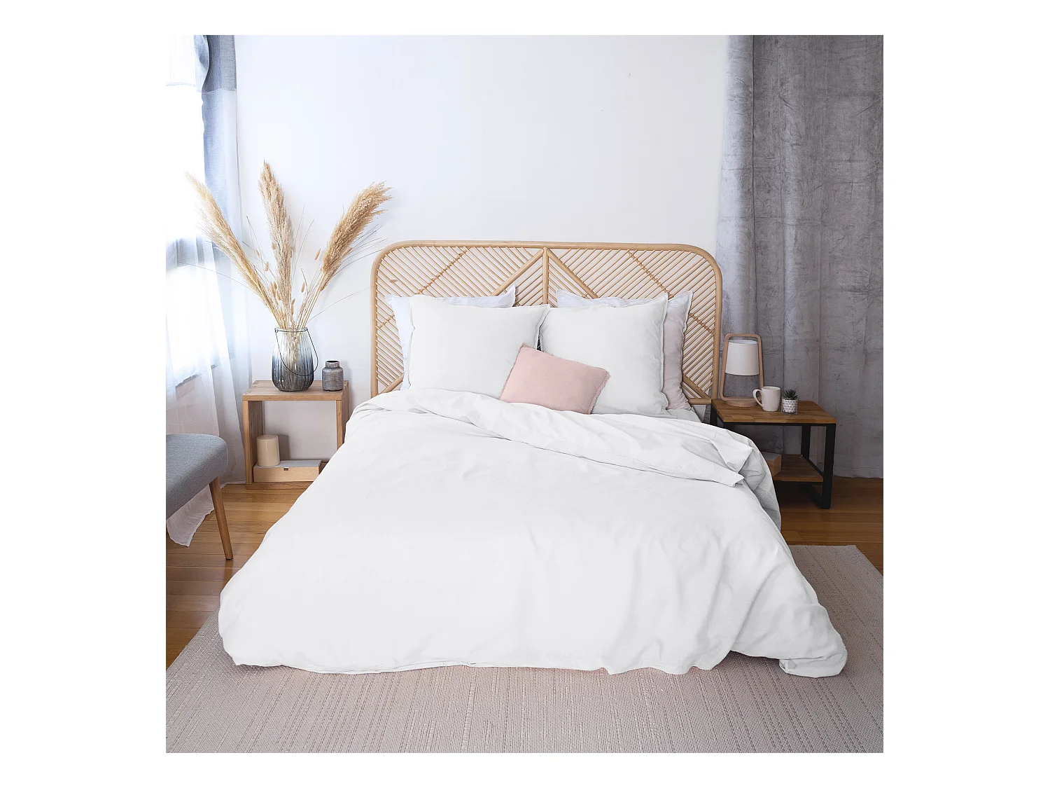 Parure de lit 260x240 cm coton lin lavé LINO blanc 3 pièces