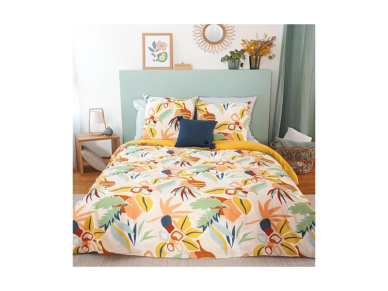 Parure de lit 240x220 cm coton BCI adouci LUCIA Jaune Cobalt 3 pièces