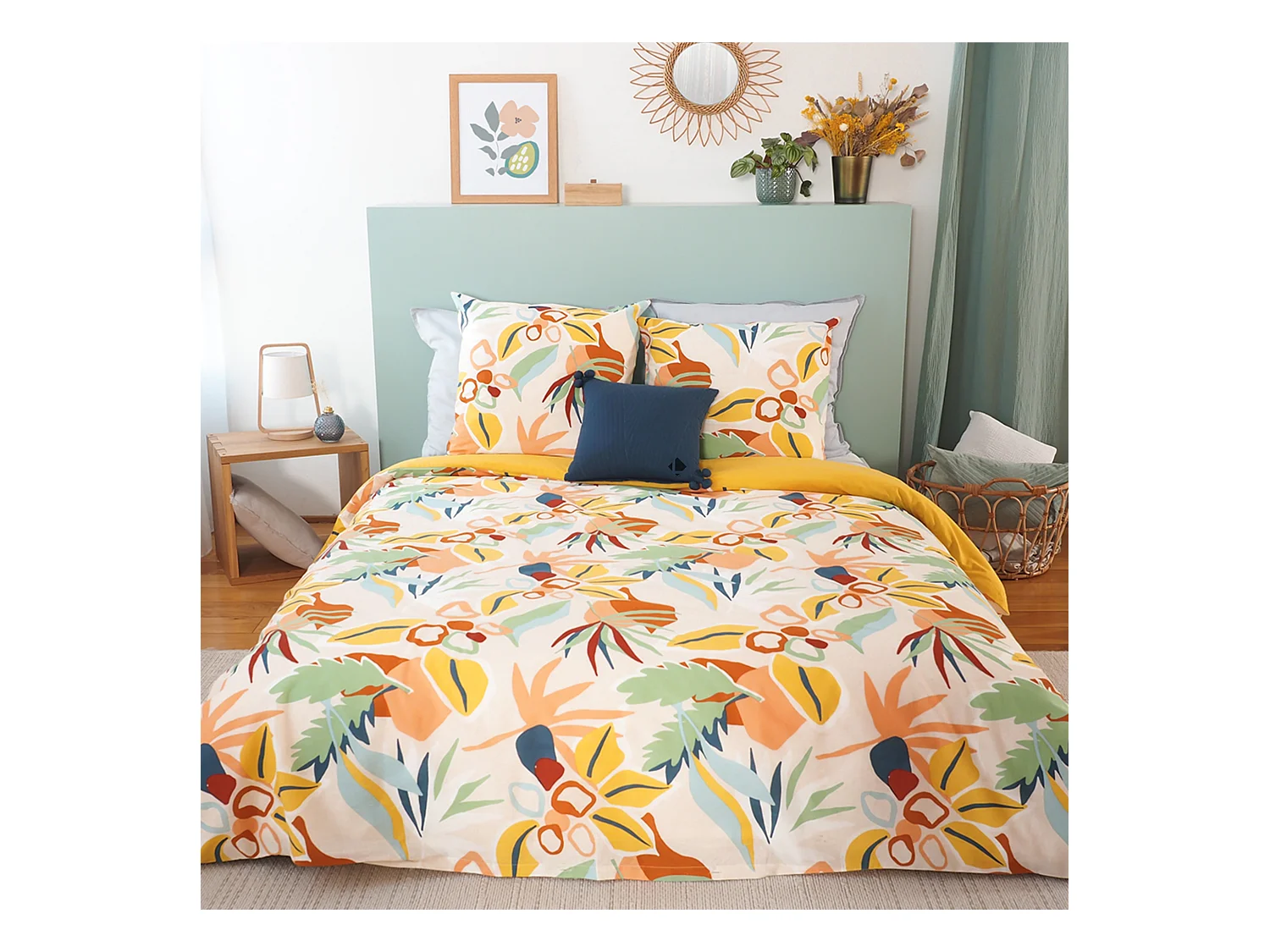 Parure de lit 240x220 cm coton BCI adouci LUCIA Jaune Cobalt 3 pièces