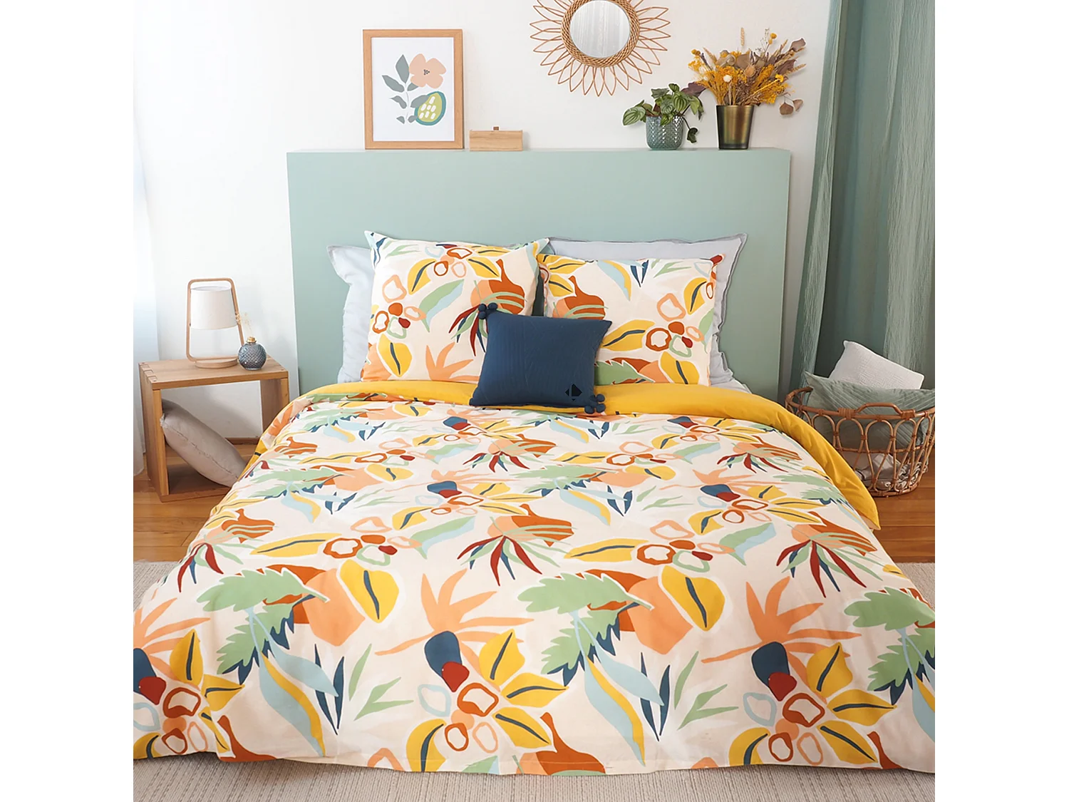 Parure de lit 240x220 cm coton BCI adouci LUCIA Jaune Cobalt 3 pièces