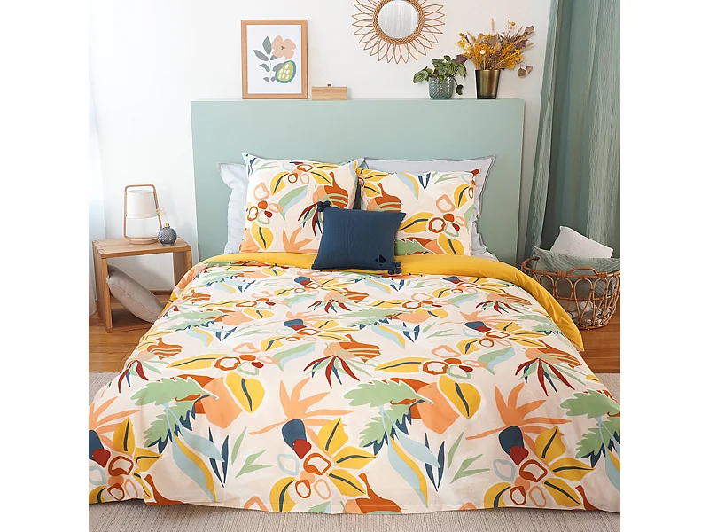 Parure de lit 240x220 cm coton BCI adouci LUCIA Jaune Cobalt 3 pièces