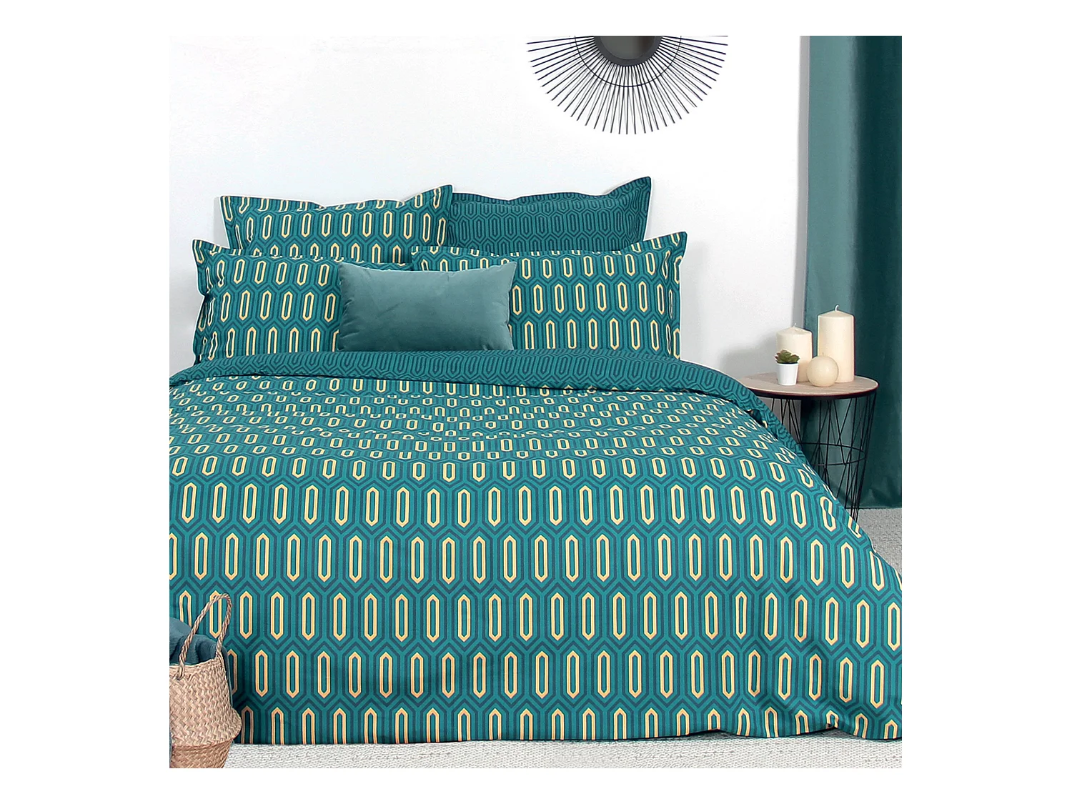 Parure de lit 240x220 cm percale de coton PAST Bleu Canard