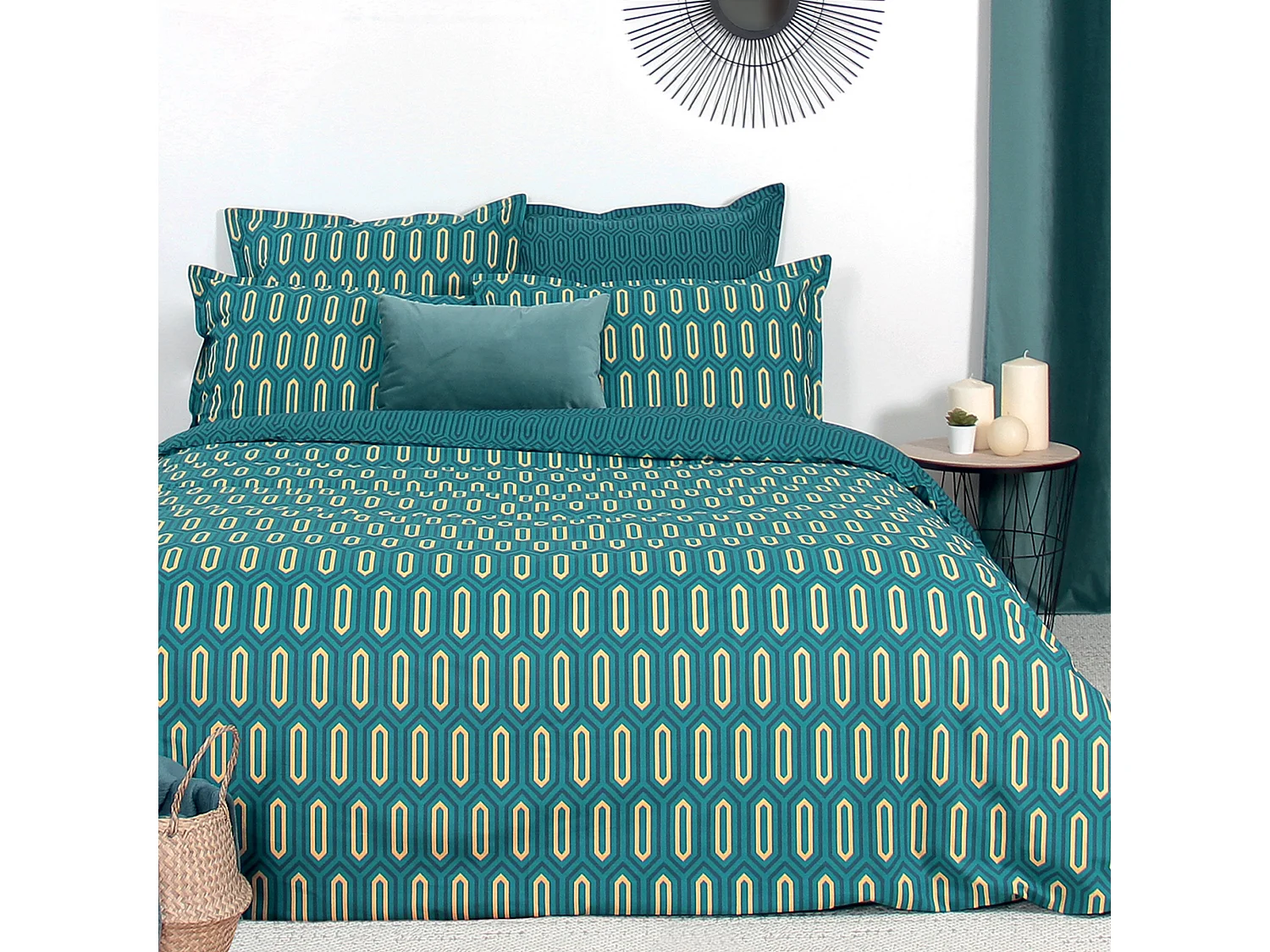 Parure de lit 240x220 cm percale de coton PAST Bleu Canard