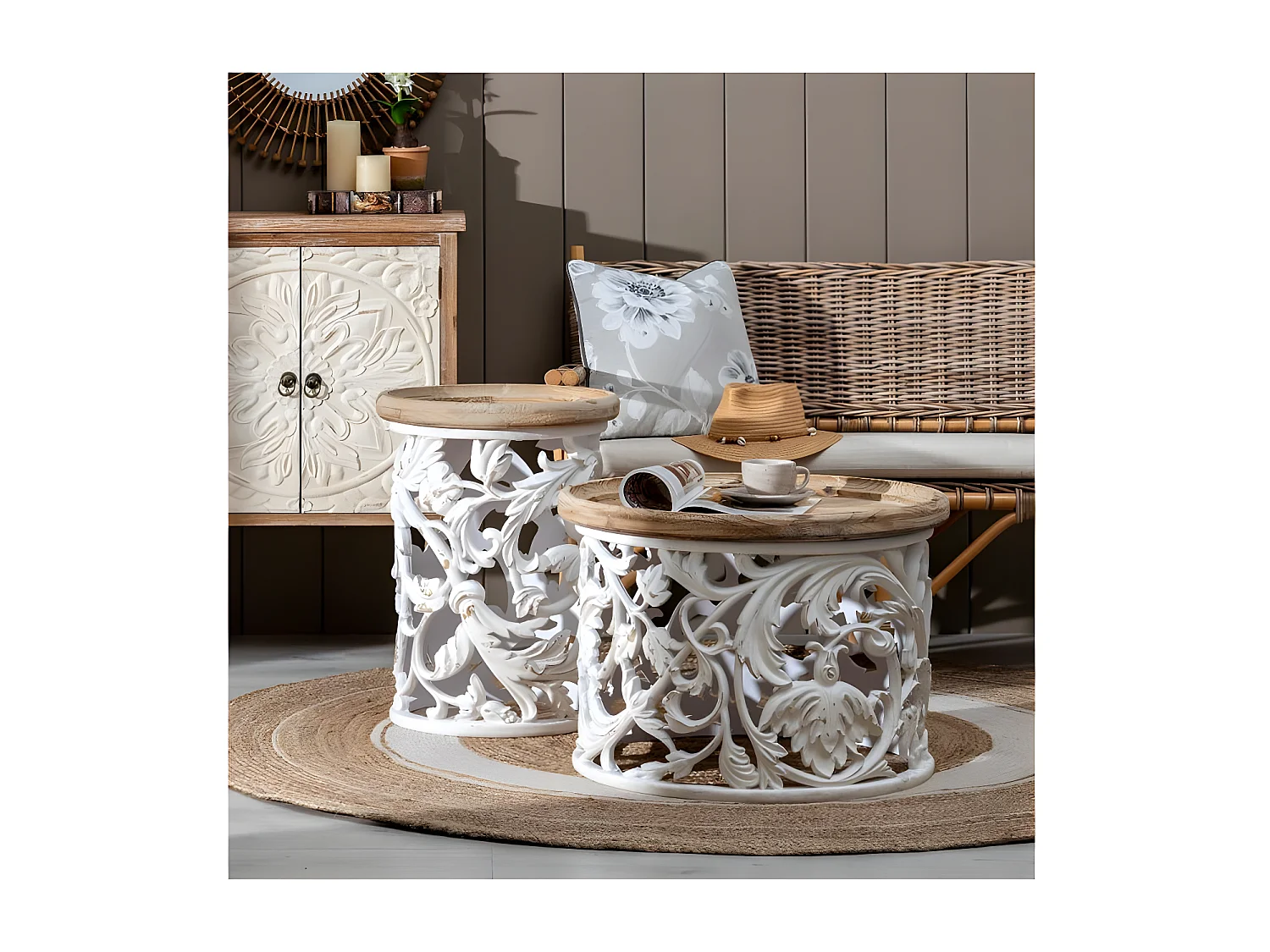 Table basse ronde Bois/Blanc Taille S - ANEMONE