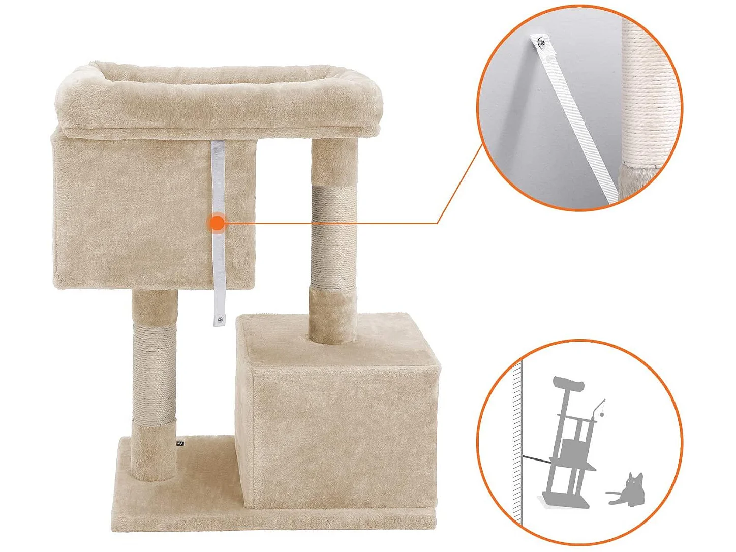 Arbre à chat colonne en sisal pour aiguiser les griffes 2 niches luxueuses maison de jeu meubles pour chatons chats et félins couleur beige 12_0000156