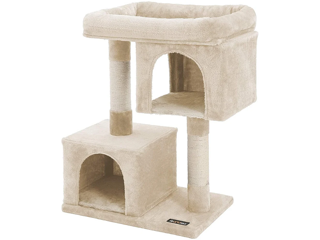 Arbre à chat colonne en sisal pour aiguiser les griffes 2 niches luxueuses maison de jeu meubles pour chatons chats et félins couleur beige 12_0000156