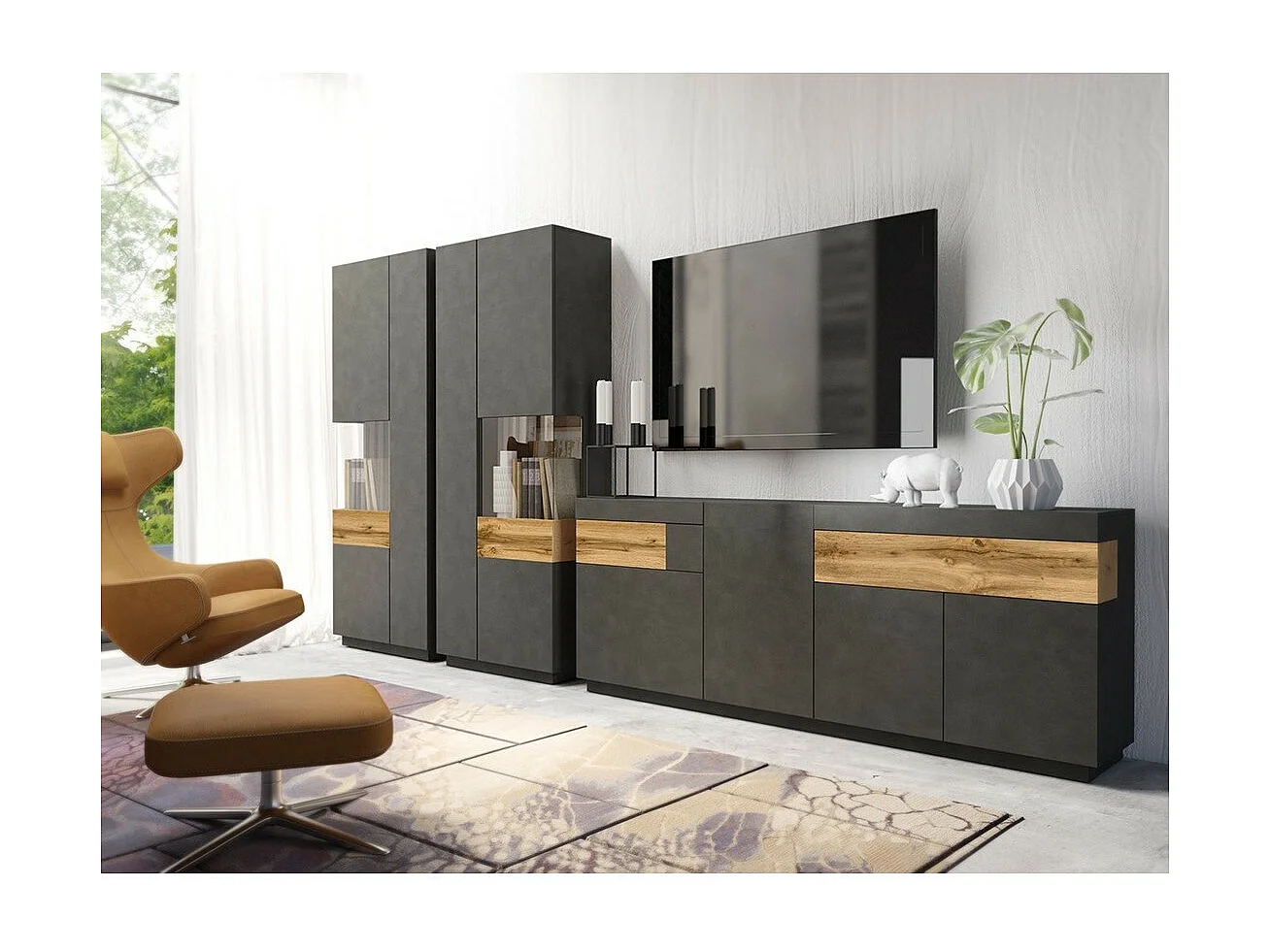 Vitrine collection KILES coloris gris anthracite et chêne. Modèle vitrine à droite. LED intégrée