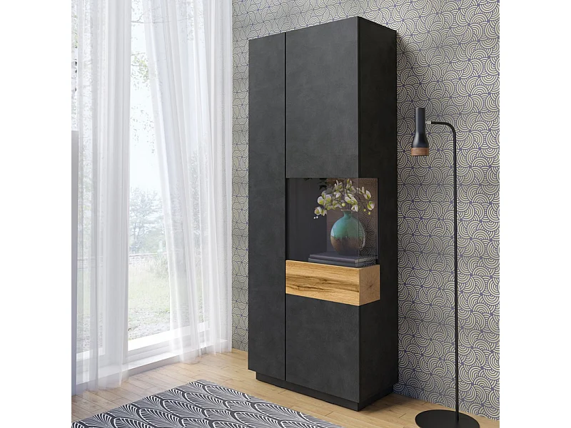 Vitrine collection KILES coloris gris anthracite et chêne. Modèle vitrine à droite. LED intégrée