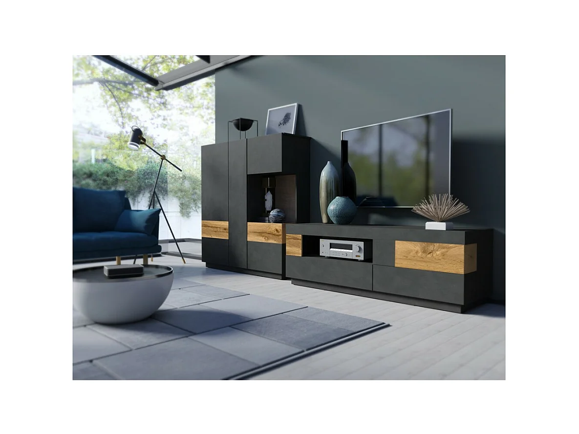 Móvel para TV 160cm coleção KILES. Cores cinza antracite e carvalho. Estilo design.