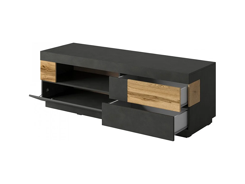 Móvel para TV 160cm coleção KILES. Cores cinza antracite e carvalho. Estilo design.