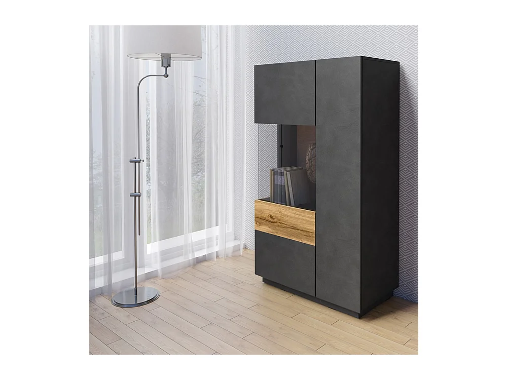 Buffet haut KILES avec LED, 2 portes, anthracite et chêne, porte vitrée à gauche