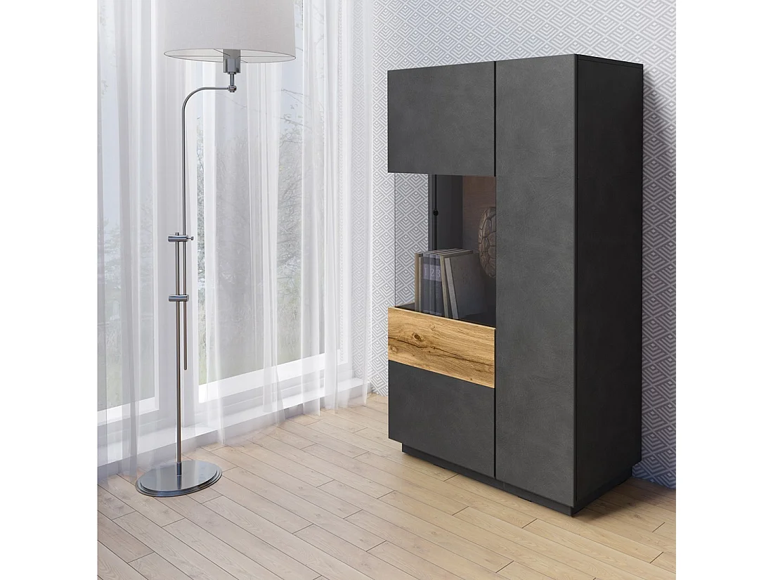 Hoher KILES Buffet mit LED, 2 Türen, anthrazit und Eiche, Glastür links