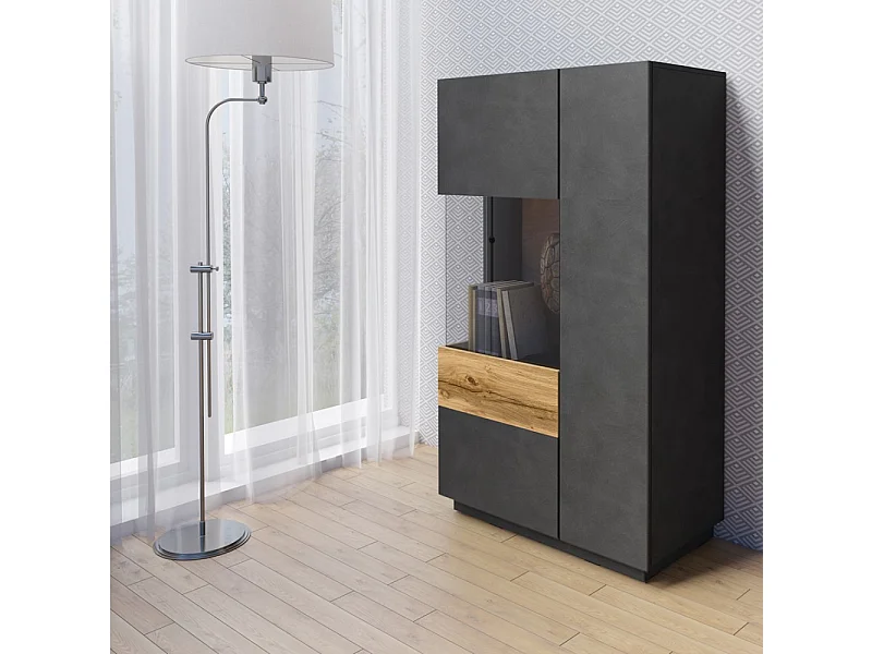 Hoher KILES Buffet mit LED, 2 Türen, anthrazit und Eiche, Glastür links