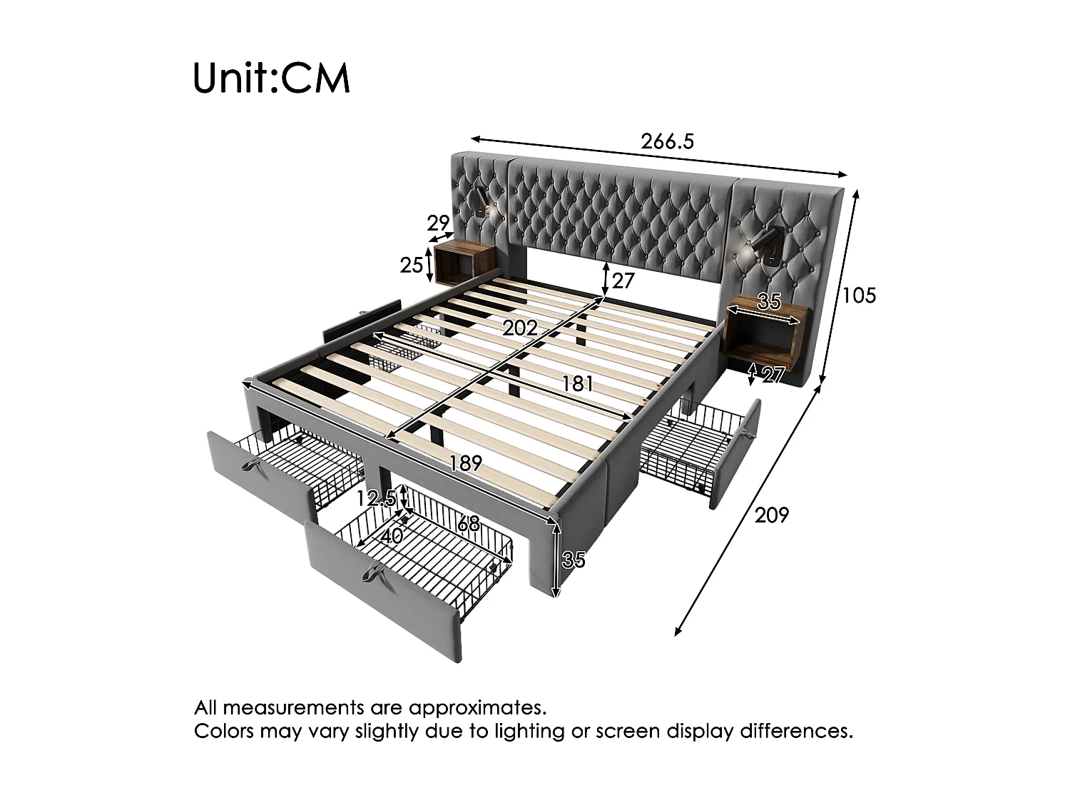 Lit coffre double capitonné - 180 x 200 cm - avec 2 tables de chevet + 4 tiroirs + lampe de lecture + USB - velours - gris