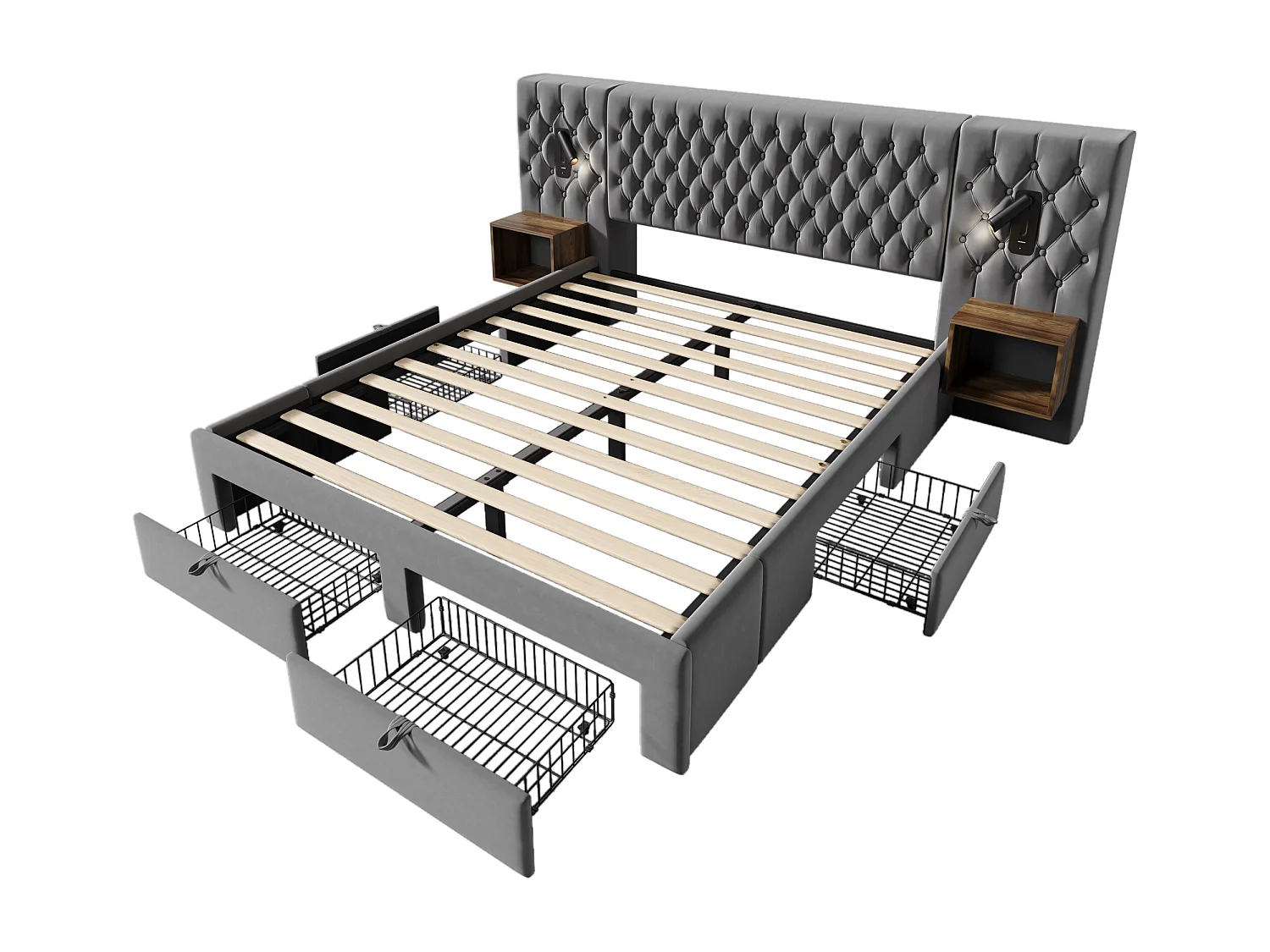 Lit coffre double capitonné - 180 x 200 cm - avec 2 tables de chevet + 4 tiroirs + lampe de lecture + USB - velours - gris