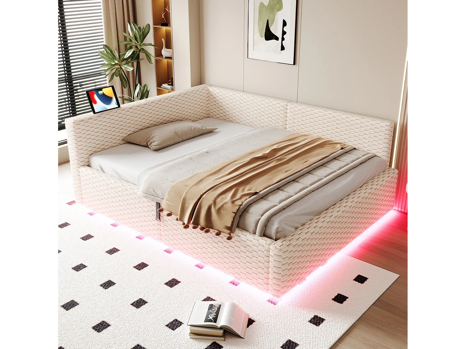 Gepolstertes Kinderbett mit hydraulischem Stauraum – 140 x 200 cm – mit LED-Beleuchtung und 2 USB-Anschlüssen – L-förmiges Kopfteil – Samt – beige