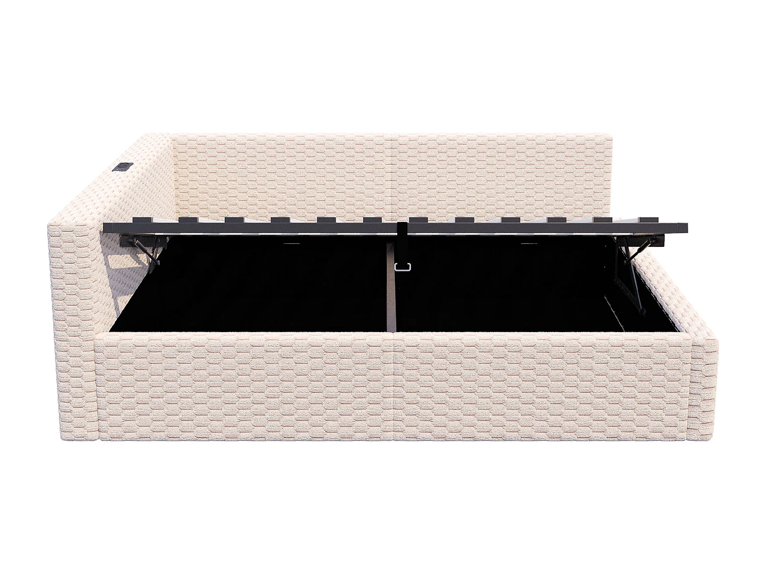 Gepolstertes Kinderbett mit hydraulischem Stauraum – 140 x 200 cm – mit LED-Beleuchtung und 2 USB-Anschlüssen – L-förmiges Kopfteil – Samt – beige