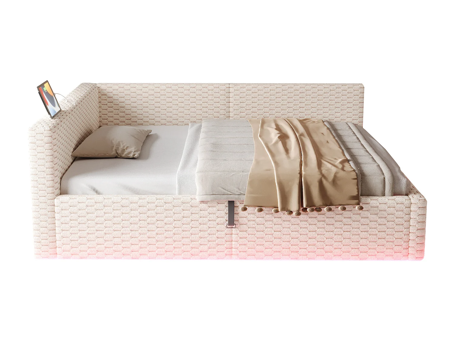 Gepolstertes Kinderbett mit hydraulischem Stauraum – 140 x 200 cm – mit LED-Beleuchtung und 2 USB-Anschlüssen – L-förmiges Kopfteil – Samt – beige