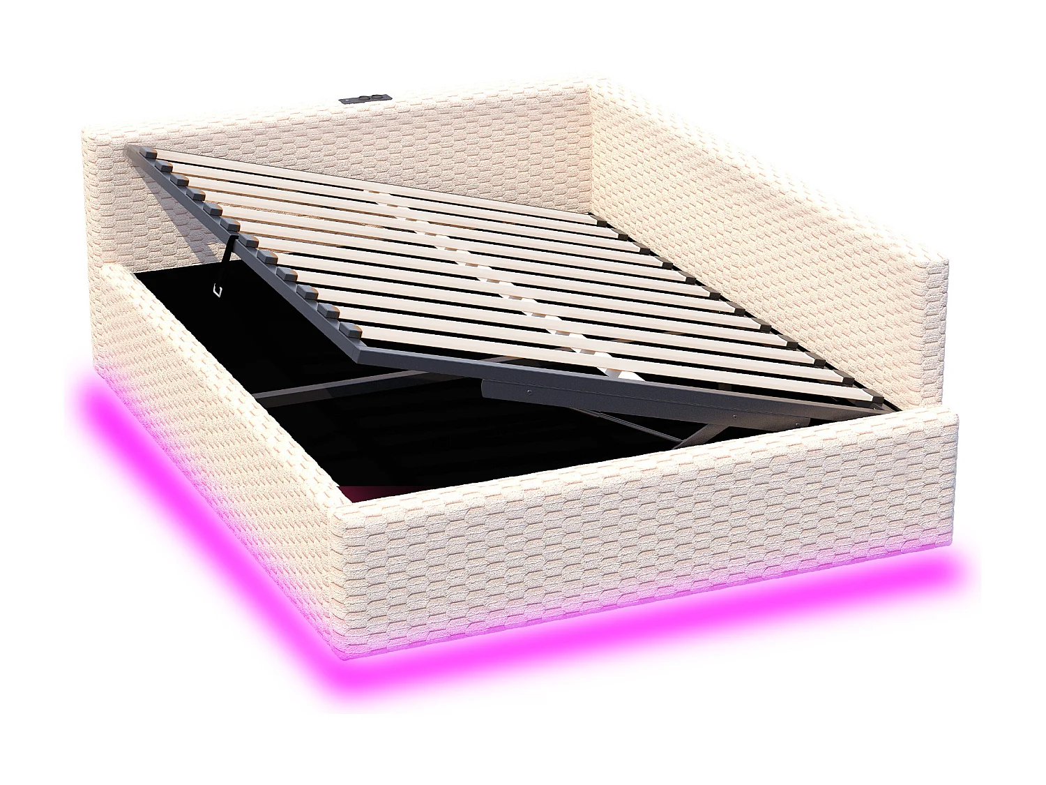 Gepolstertes Kinderbett mit hydraulischem Stauraum – 140 x 200 cm – mit LED-Beleuchtung und 2 USB-Anschlüssen – L-förmiges Kopfteil – Samt – beige