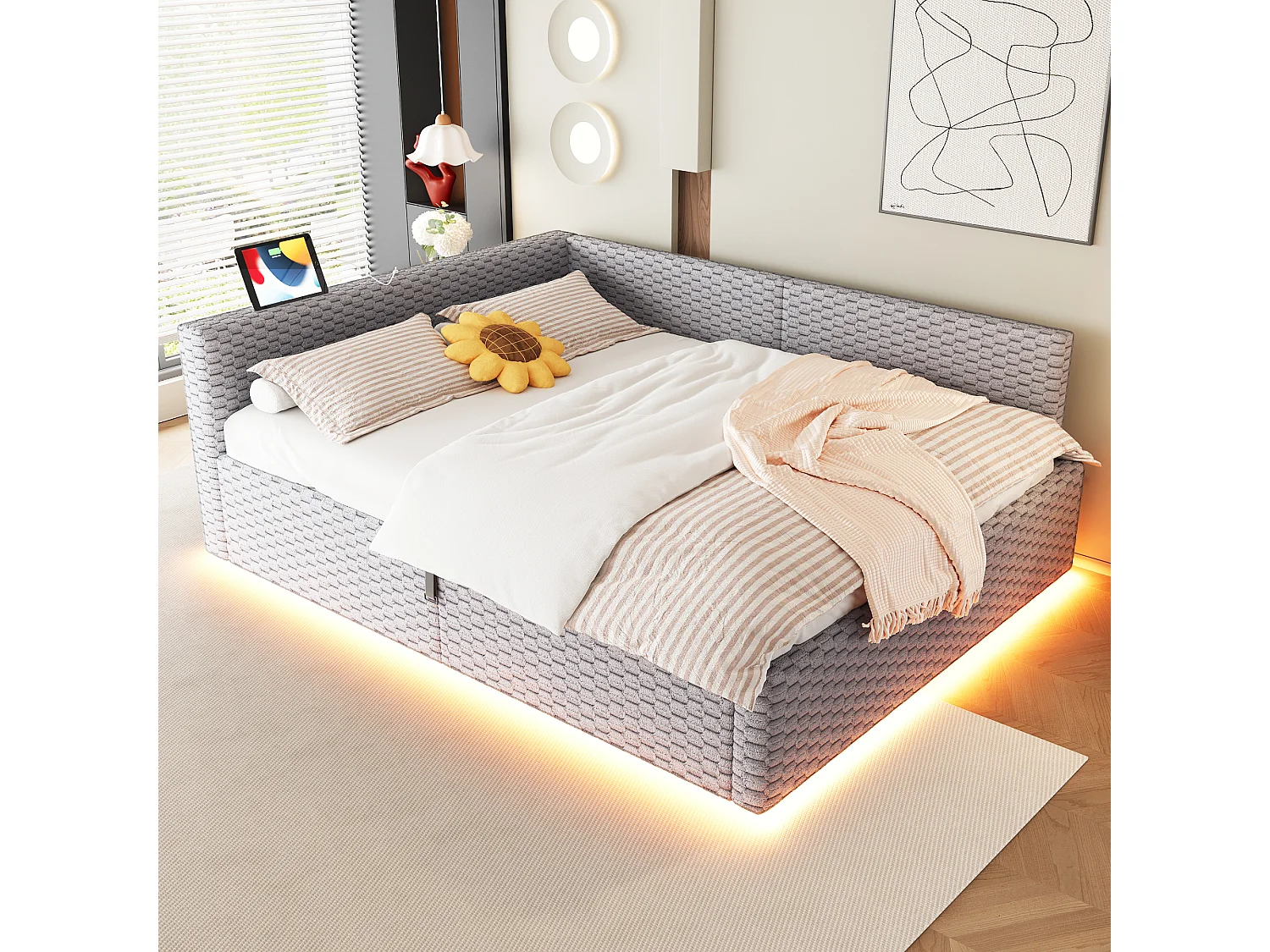 Gepolstertes Kinderbett mit hydraulischem Stauraum – 140 x 200 cm – mit LED-Beleuchtung und 2 USB-Anschlüssen – L-förmiges Kopfteil – Samt – grau