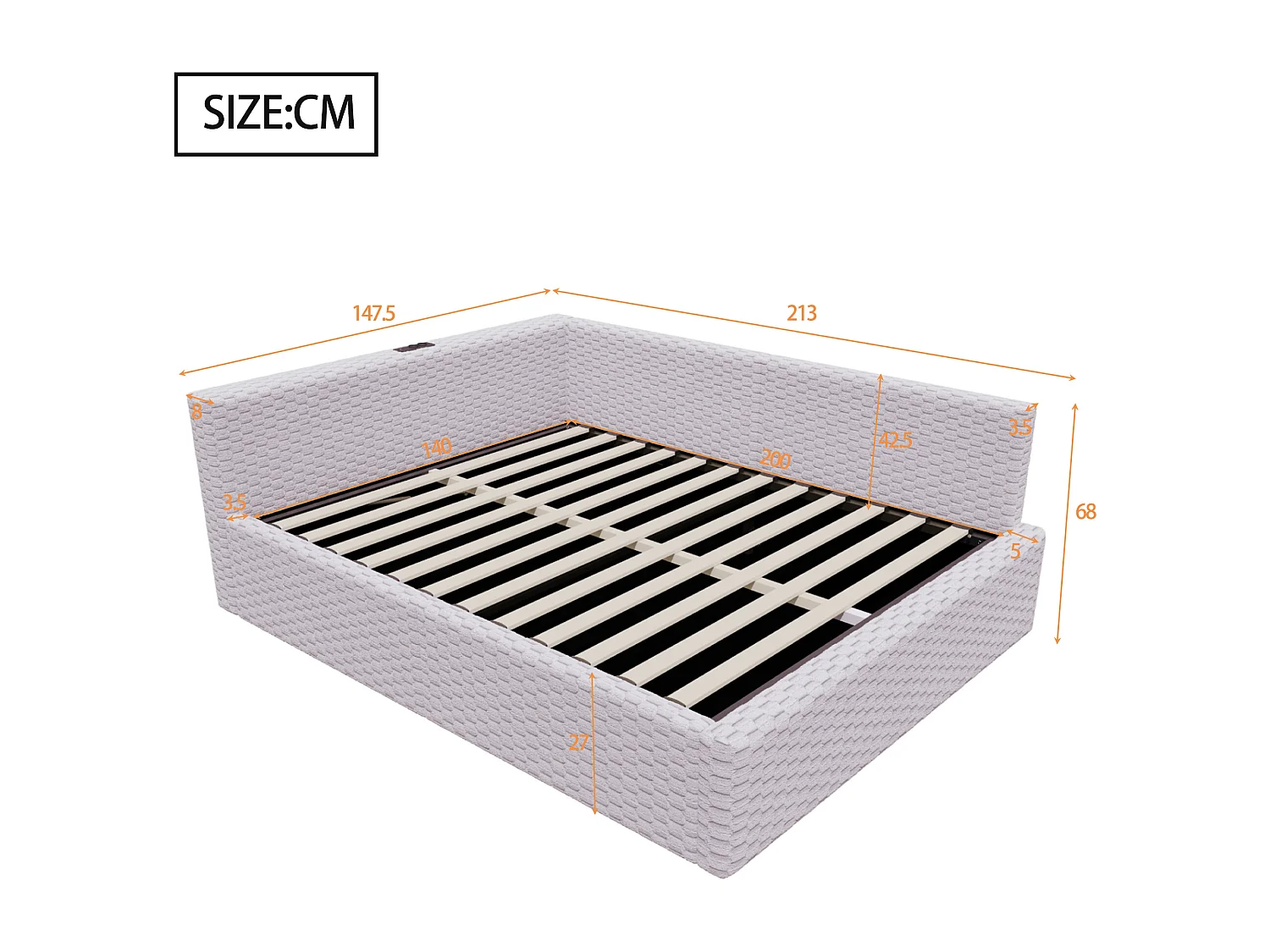 Gepolstertes Kinderbett mit hydraulischem Stauraum – 140 x 200 cm – mit LED-Beleuchtung und 2 USB-Anschlüssen – L-förmiges Kopfteil – Samt – grau