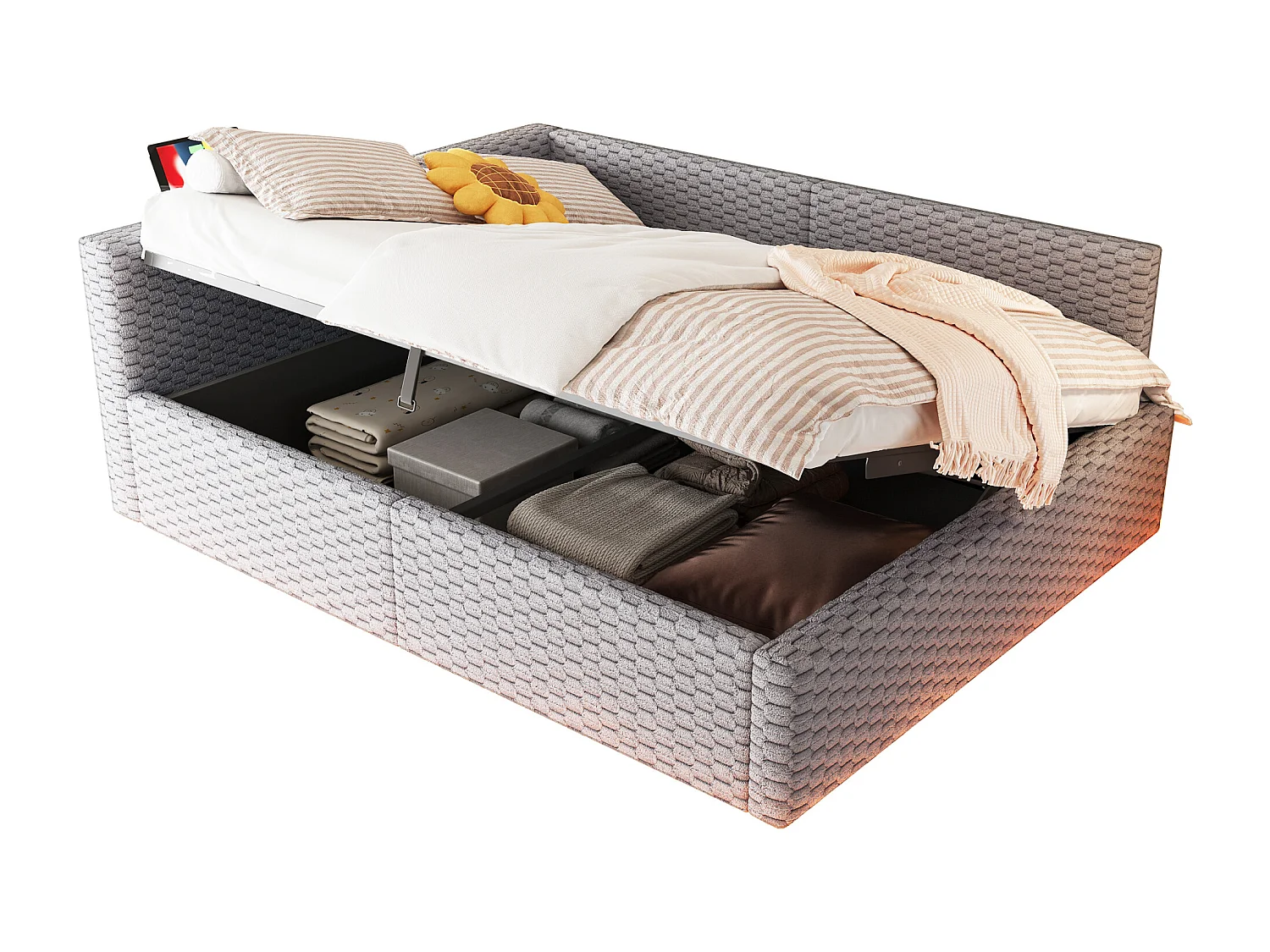 Gepolstertes Kinderbett mit hydraulischem Stauraum – 140 x 200 cm – mit LED-Beleuchtung und 2 USB-Anschlüssen – L-förmiges Kopfteil – Samt – grau