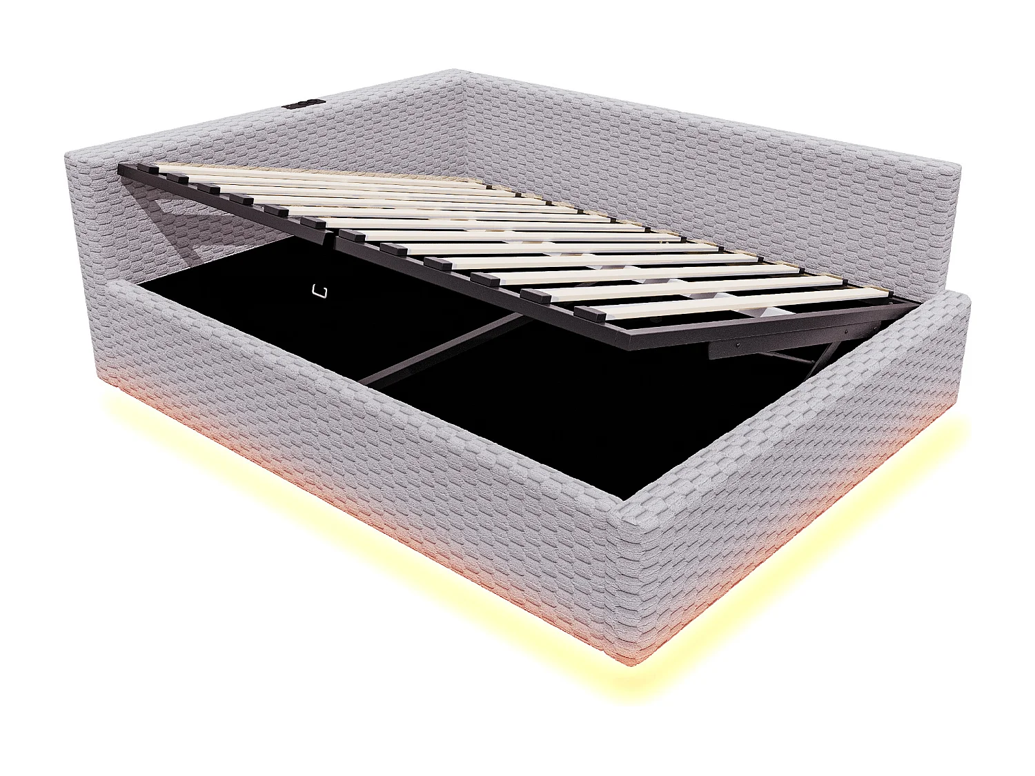 Gepolstertes Kinderbett mit hydraulischem Stauraum – 140 x 200 cm – mit LED-Beleuchtung und 2 USB-Anschlüssen – L-förmiges Kopfteil – Samt – grau