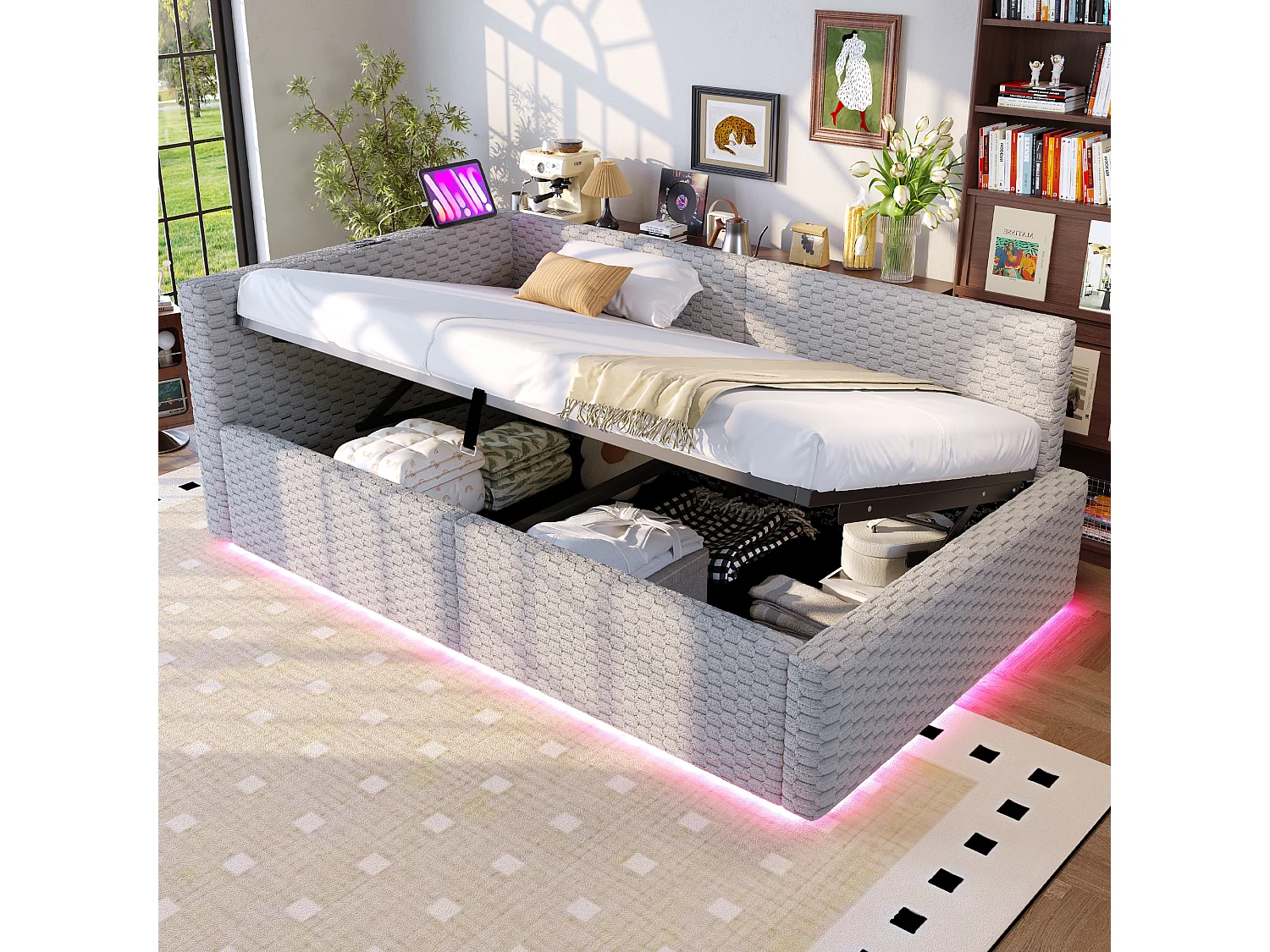 Gepolstertes Kinderbett mit hydraulischem Stauraum – 90 x 200 cm – mit LED-Beleuchtung und 2 USB-Anschlüssen – L-förmiges Kopfteil – Samt – grau