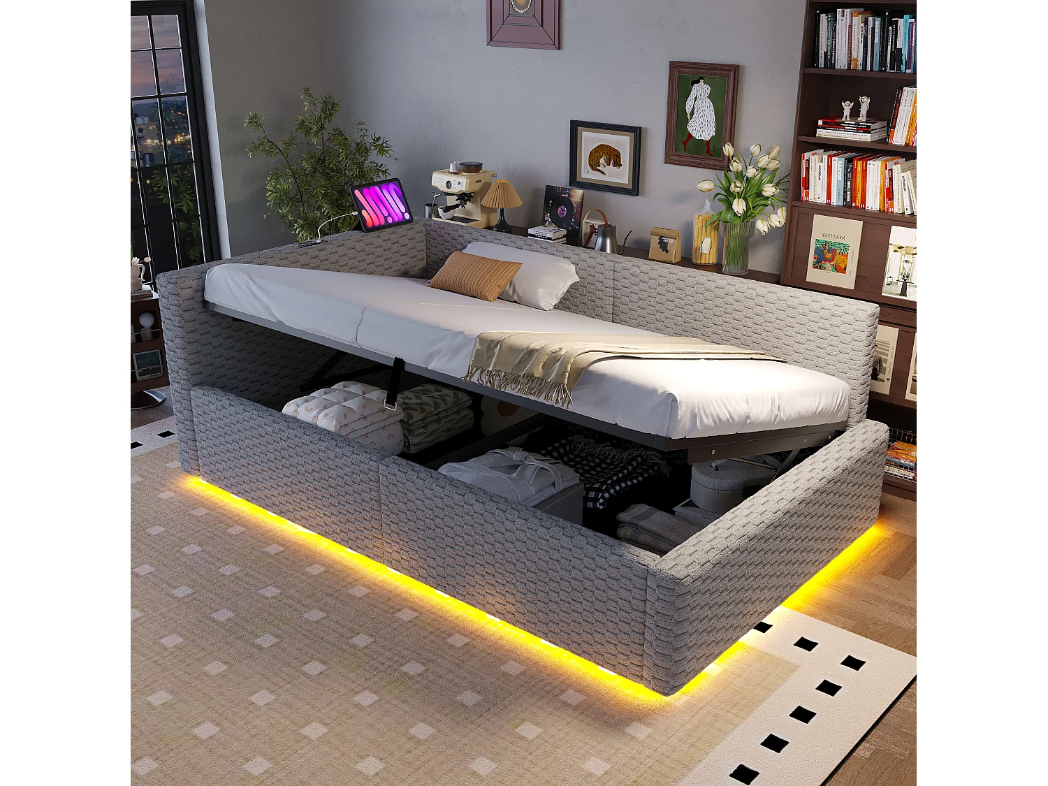 Gepolstertes Kinderbett mit hydraulischem Stauraum – 90 x 200 cm – mit LED-Beleuchtung und 2 USB-Anschlüssen – L-förmiges Kopfteil – Samt – grau