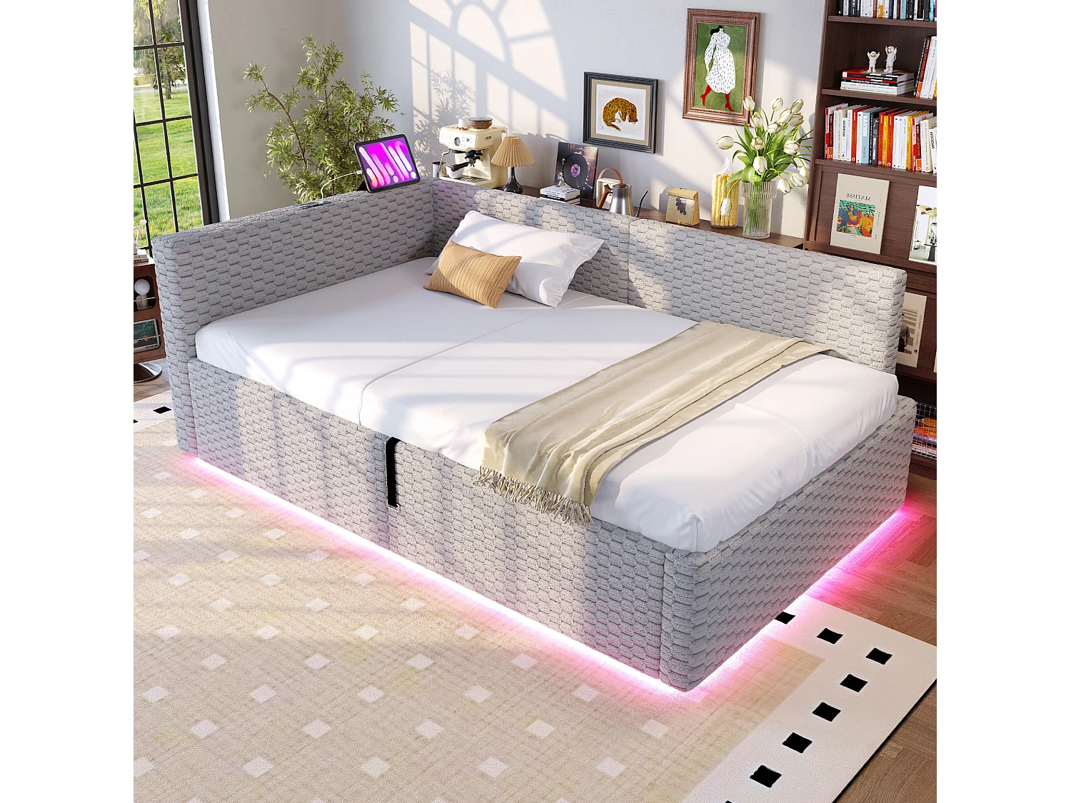 Gepolstertes Kinderbett mit hydraulischem Stauraum – 90 x 200 cm – mit LED-Beleuchtung und 2 USB-Anschlüssen – L-förmiges Kopfteil – Samt – grau