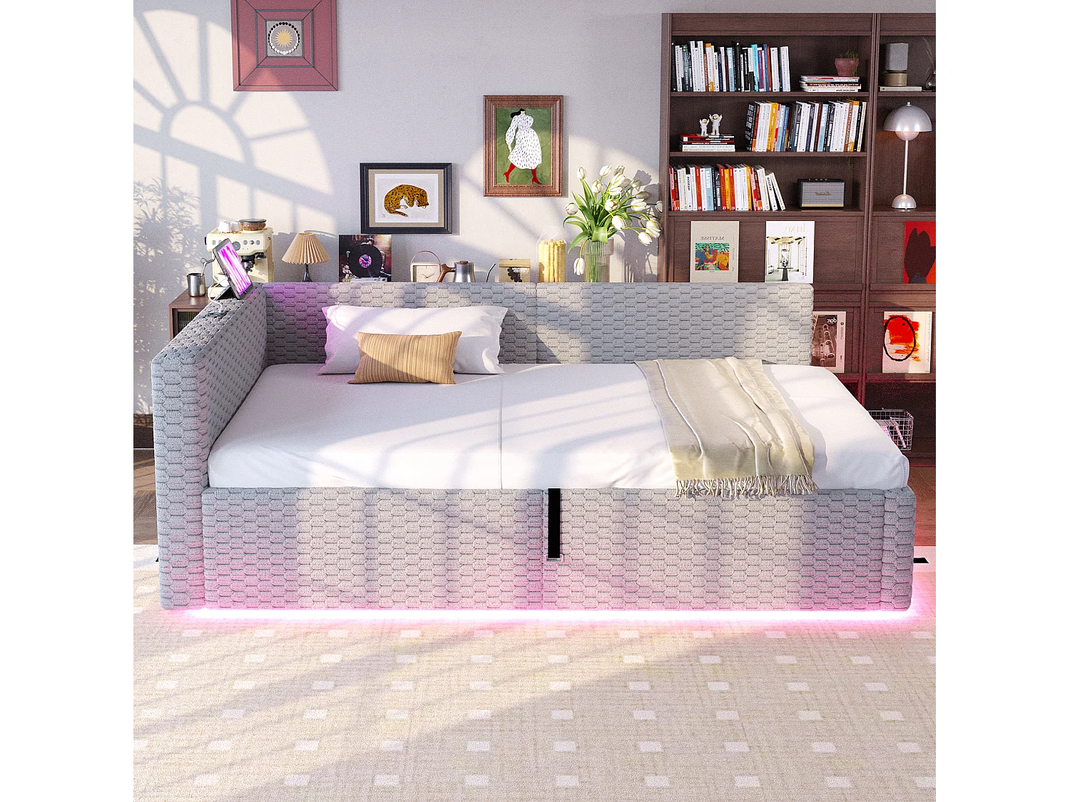 Gepolstertes Kinderbett mit hydraulischem Stauraum – 90 x 200 cm – mit LED-Beleuchtung und 2 USB-Anschlüssen – L-förmiges Kopfteil – Samt – grau