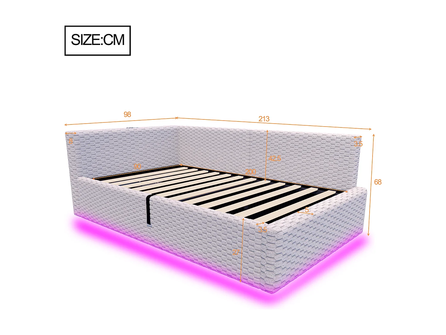 Gepolstertes Kinderbett mit hydraulischem Stauraum – 90 x 200 cm – mit LED-Beleuchtung und 2 USB-Anschlüssen – L-förmiges Kopfteil – Samt – grau