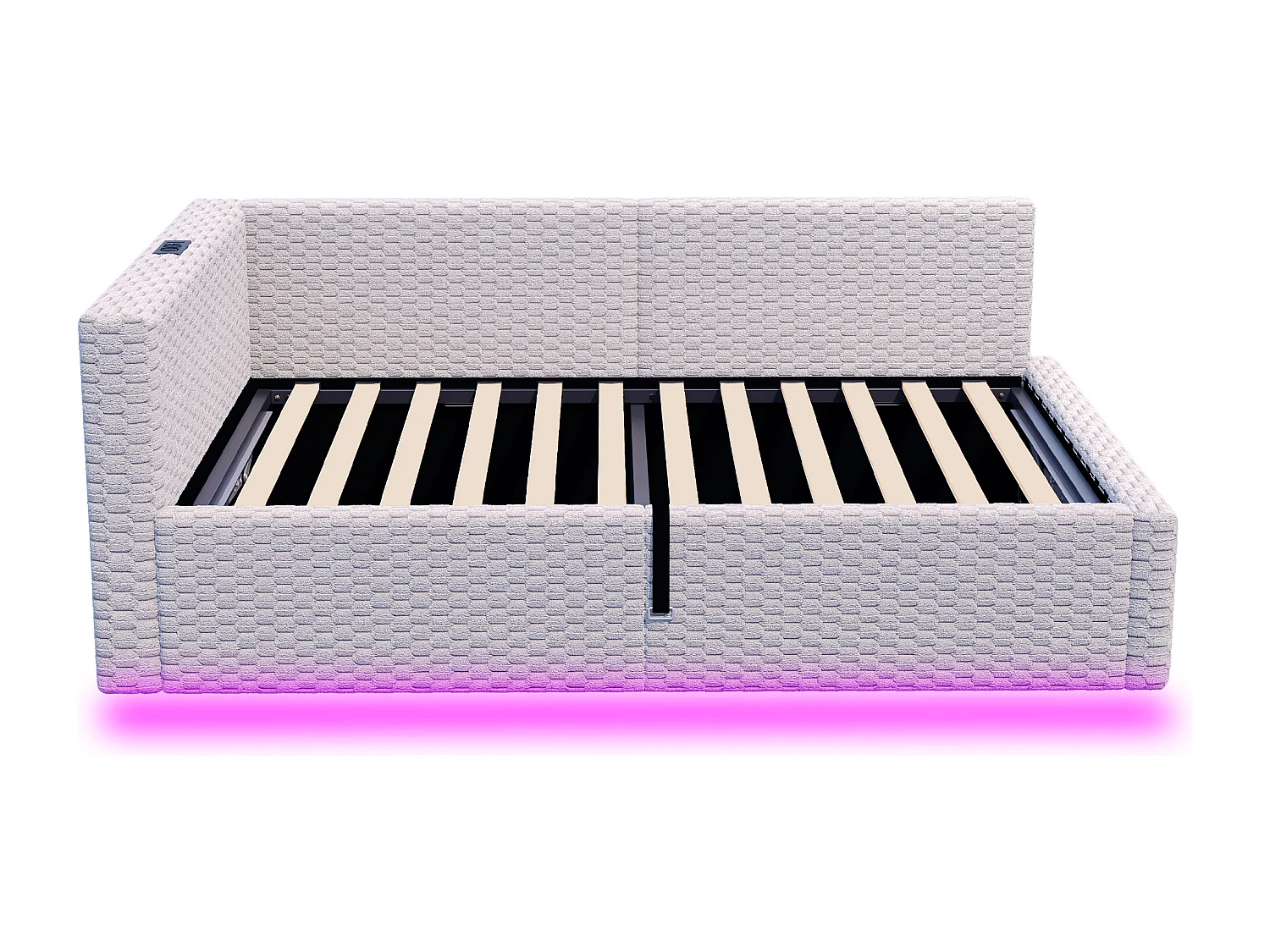 Gepolstertes Kinderbett mit hydraulischem Stauraum – 90 x 200 cm – mit LED-Beleuchtung und 2 USB-Anschlüssen – L-förmiges Kopfteil – Samt – grau