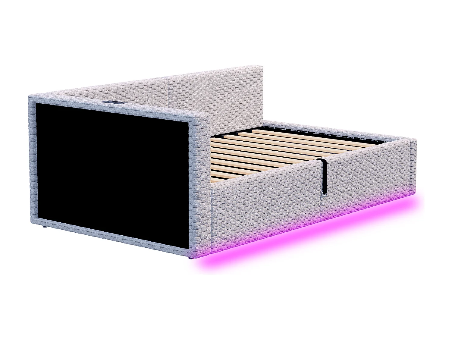 Gepolstertes Kinderbett mit hydraulischem Stauraum – 90 x 200 cm – mit LED-Beleuchtung und 2 USB-Anschlüssen – L-förmiges Kopfteil – Samt – grau