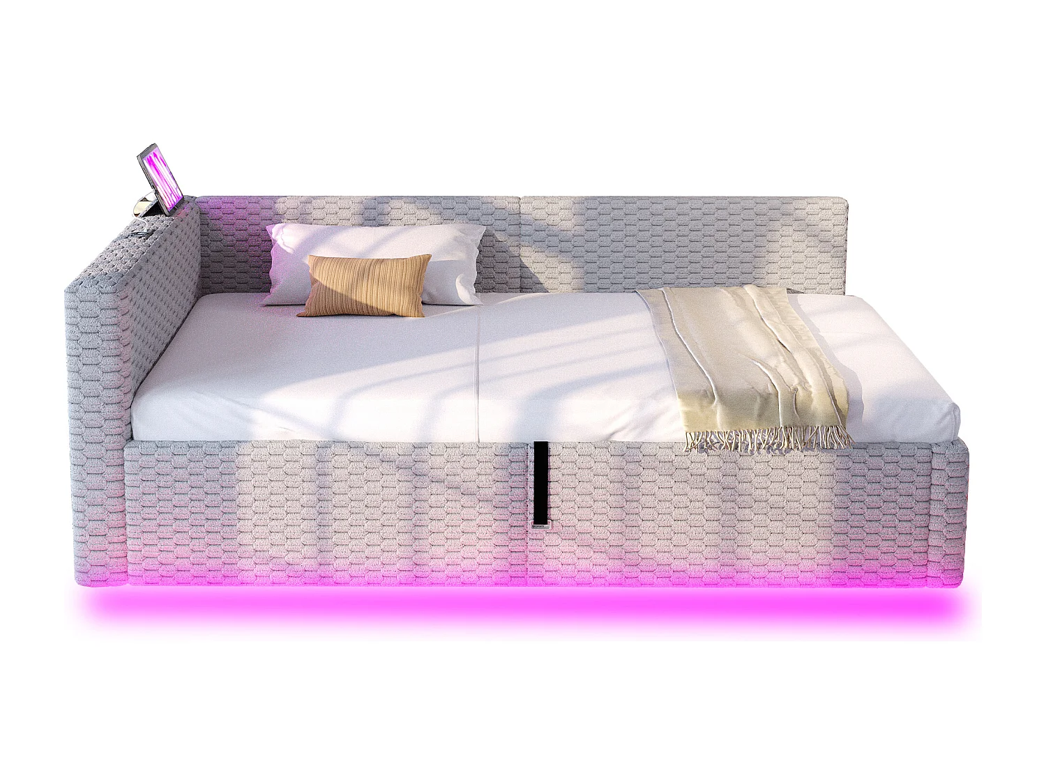 Gepolstertes Kinderbett mit hydraulischem Stauraum – 90 x 200 cm – mit LED-Beleuchtung und 2 USB-Anschlüssen – L-förmiges Kopfteil – Samt – grau