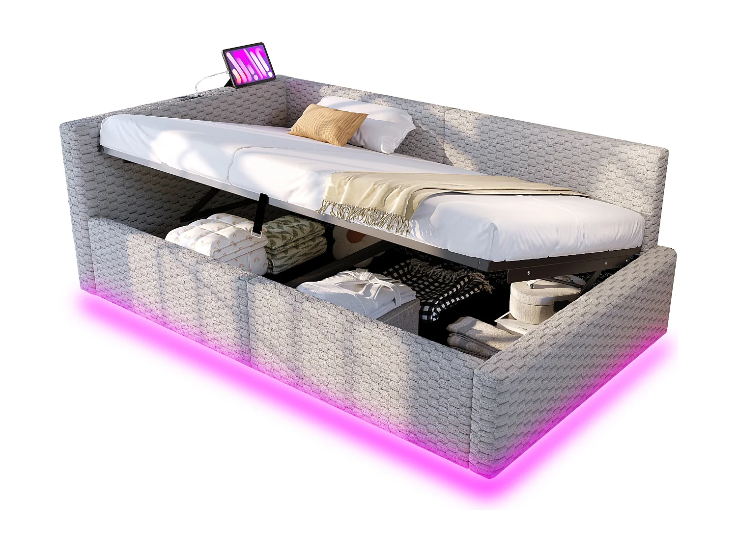 Gepolstertes Kinderbett mit hydraulischem Stauraum – 90 x 200 cm – mit LED-Beleuchtung und 2 USB-Anschlüssen – L-förmiges Kopfteil – Samt – grau