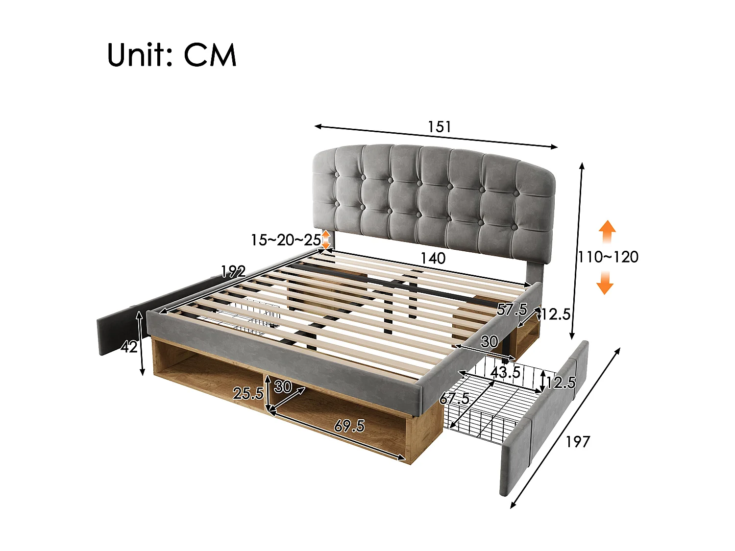 Lit coffre double - 140 x 190 cm - avec tête de lit réglable + tiroirs + étagères - velours - gris