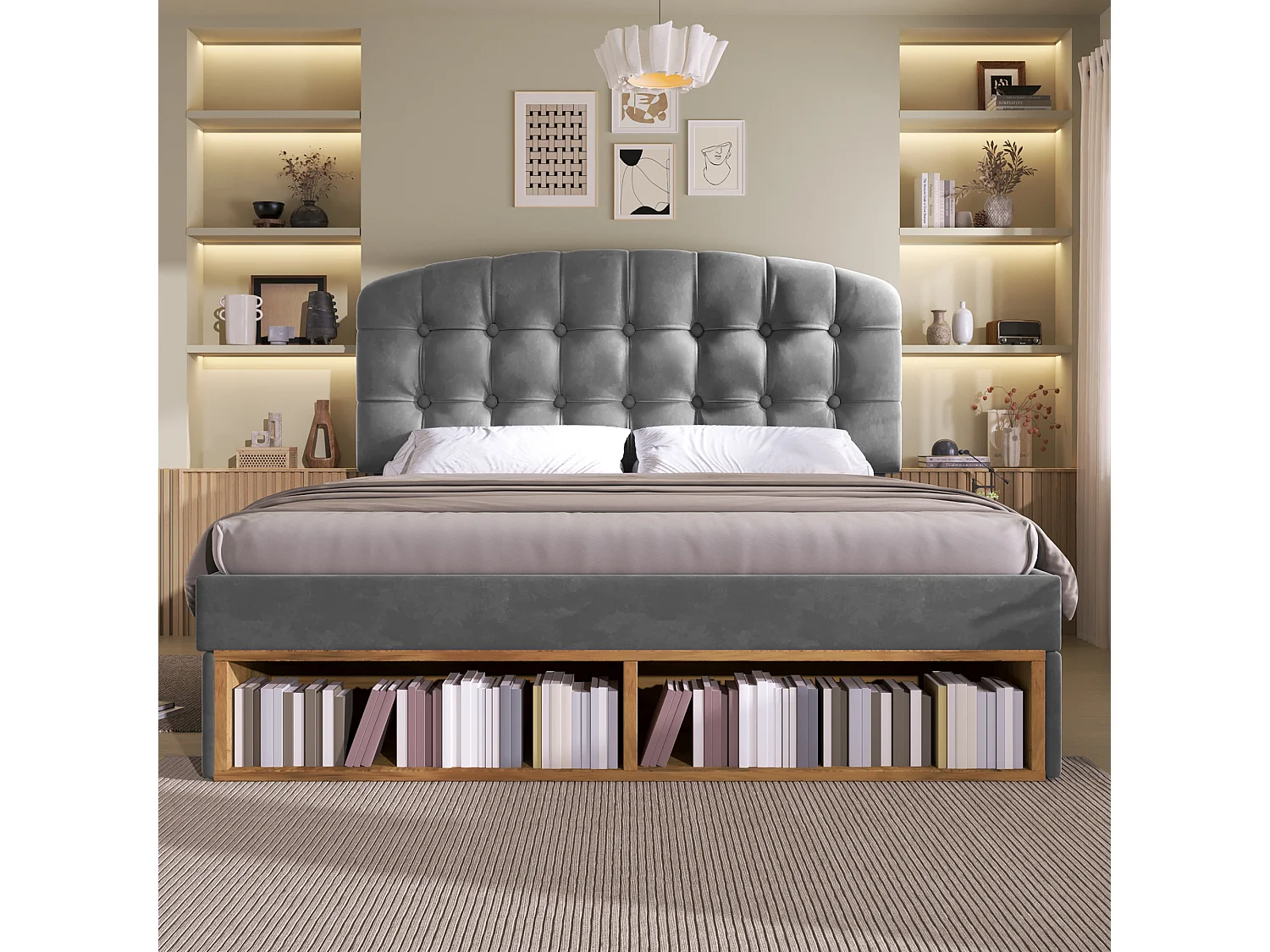 Lit coffre double - 140 x 190 cm - avec tête de lit réglable + tiroirs + étagères - velours - gris