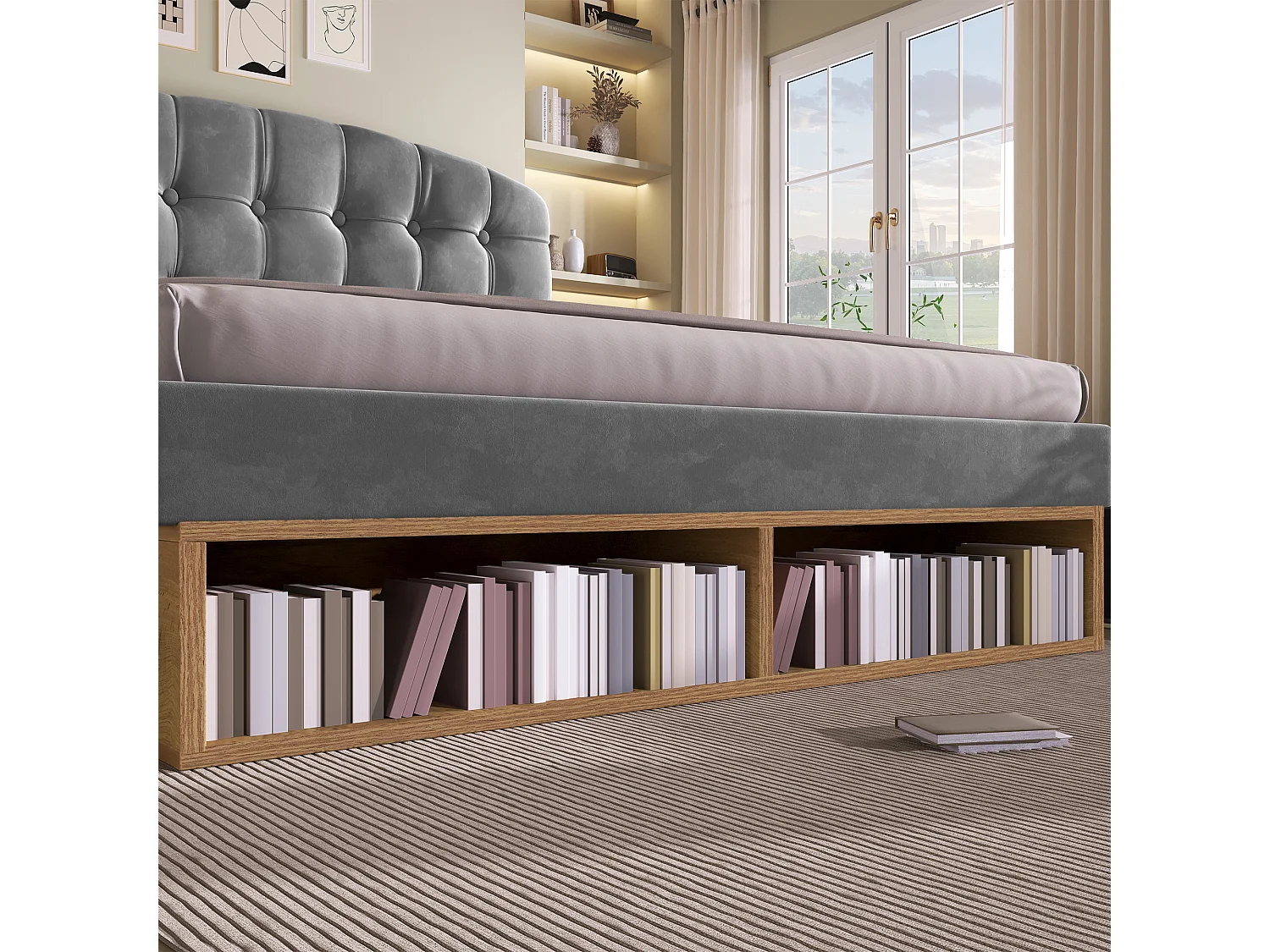 Lit coffre double - 140 x 190 cm - avec tête de lit réglable + tiroirs + étagères - velours - gris