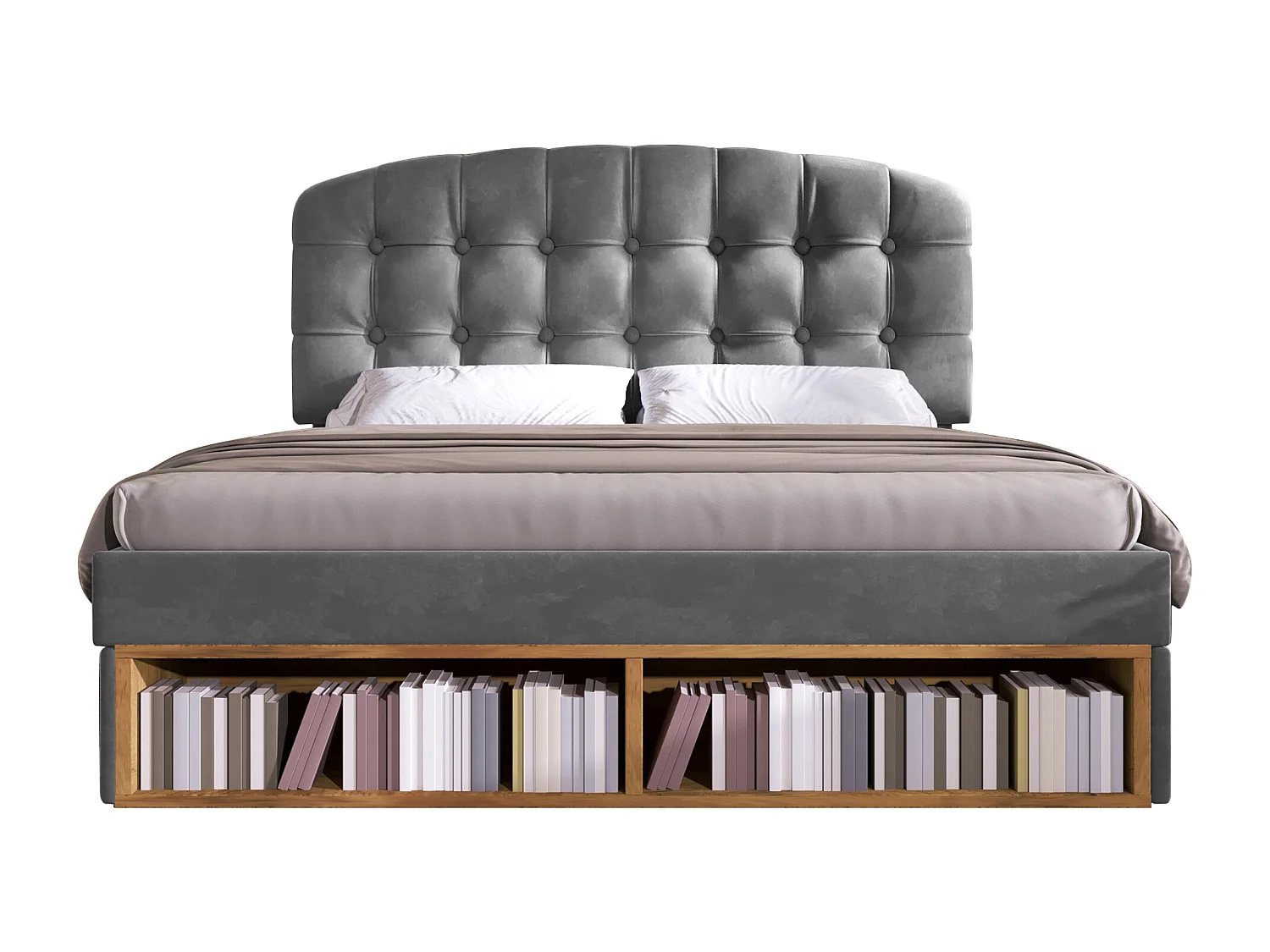 Lit coffre double - 140 x 190 cm - avec tête de lit réglable + tiroirs + étagères - velours - gris